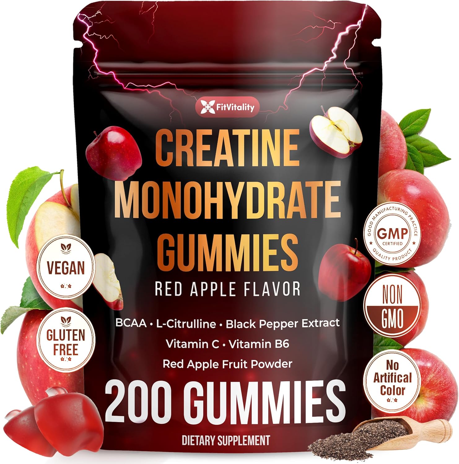 Premium 200 Gummies Creatine Gummies - Formulation with Creatine, Vitamin C & B6 - Vegan, Non-GMO, Sugar-Free, Red Apple Flavor