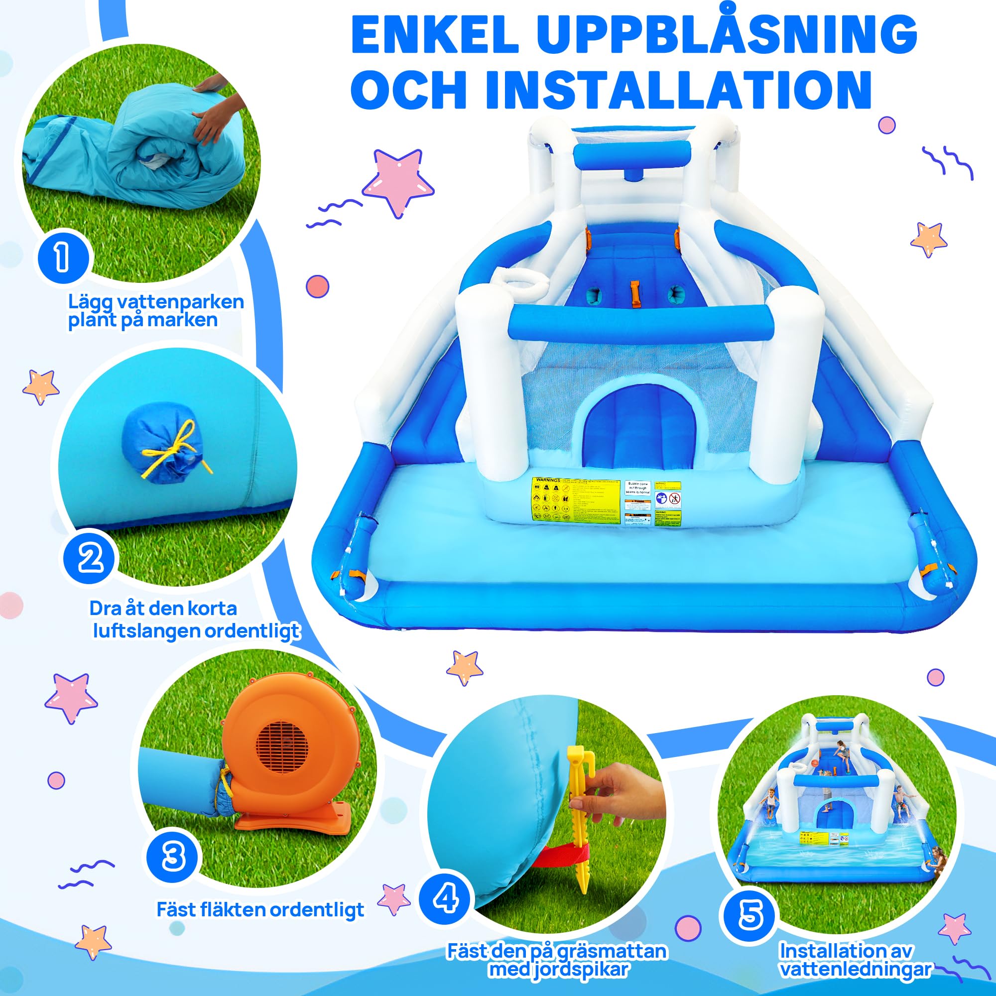 Parco giochi d'acqua gonfiabile, adatto per feste | Scivolo ad acqua, cestino da basket, 2 pistole ad acqua, castello gonfiabile per bambini, adatto per giardino e feste