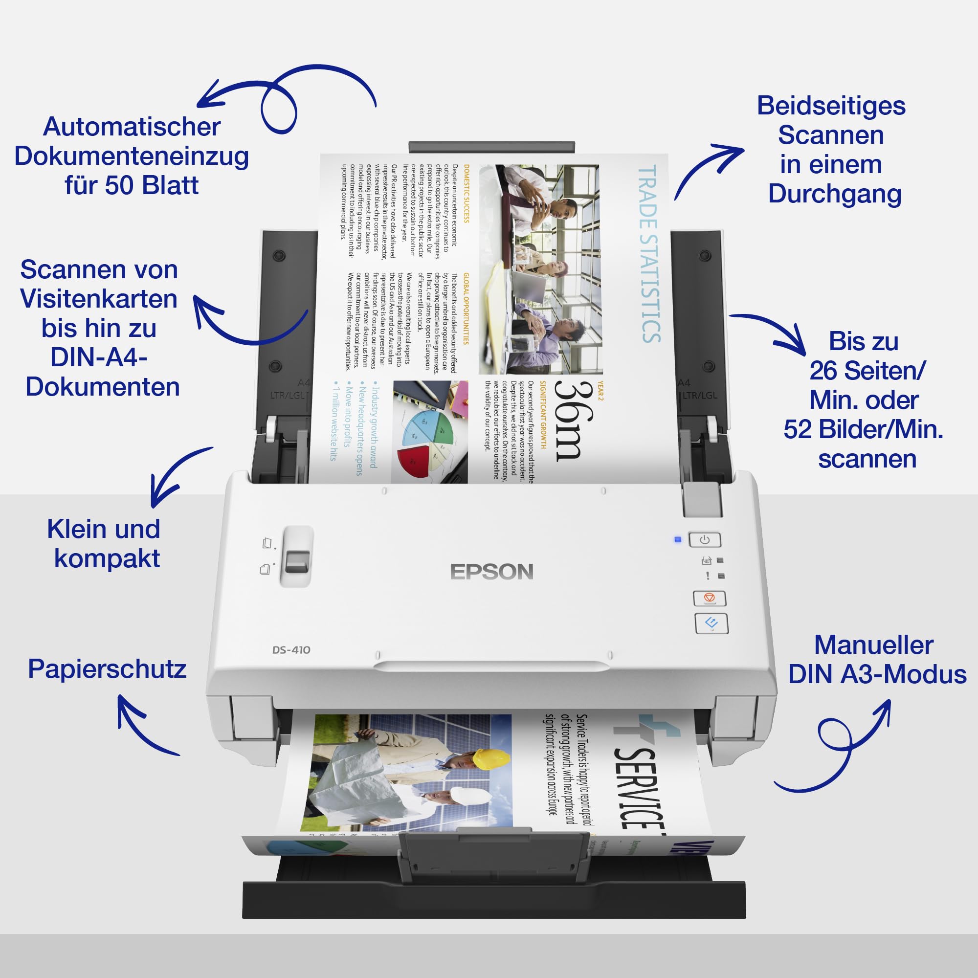 Workforce DS-410: Kompakter A4 Business-Scanner mit Blattzufuhr, automatischem Dokumenteneinzug für 50 Blatt und Epson Document Capture Pro-Software