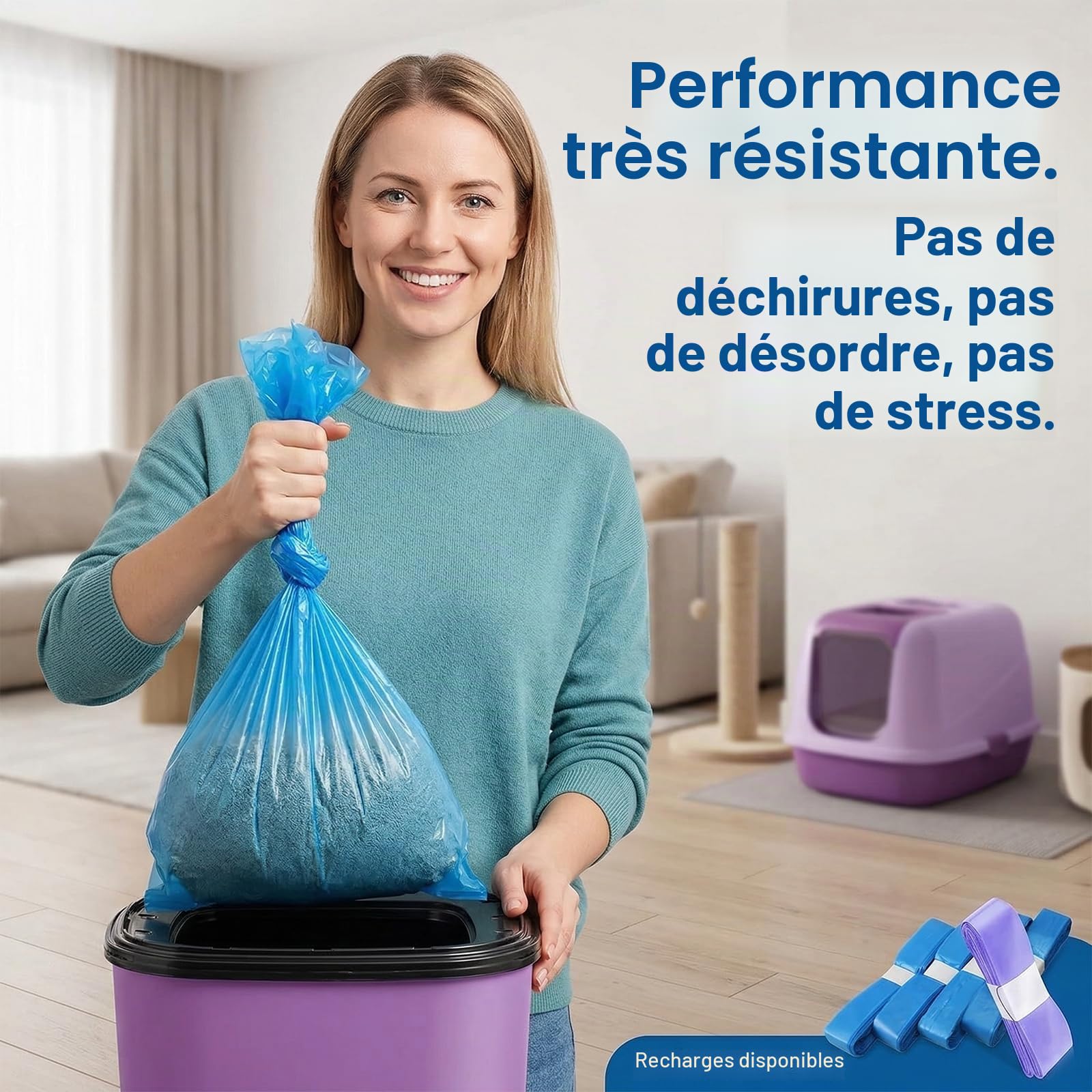 20Pcs Sac a Litiere pour Chat, Sac Poubelle Couche Longueur Totale 90m, Recharge Poubelle à Couche Anti Odeur, Compatible pour Recharge Poubelle et Un Seau à Litière pour Chat