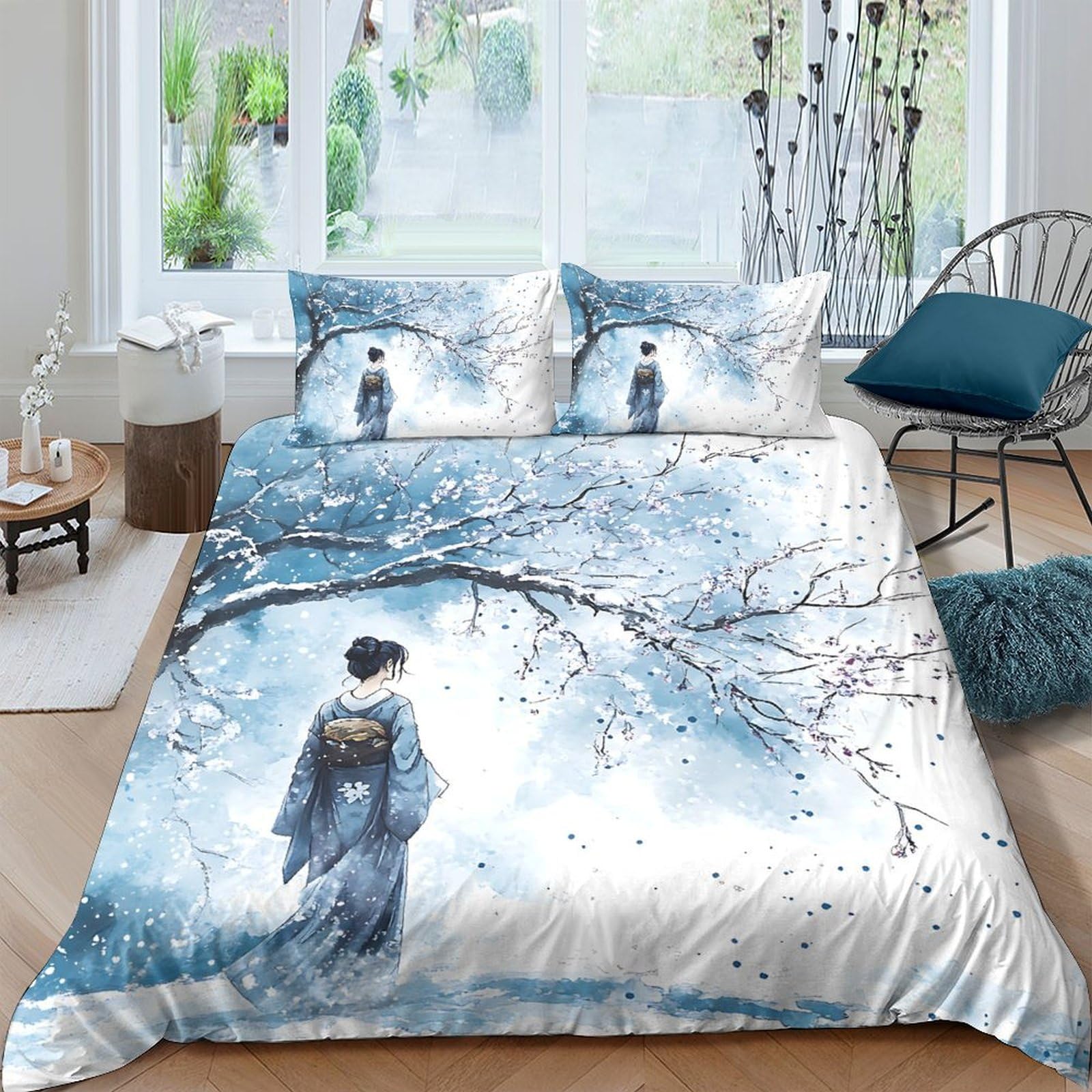 Ctjqhvkz Style-1 3D Printed Sakura Kimono Fitted Sheet Microfiber Soft Blue Geisha Mattress Cover For Bedroom Dorm Decor Protection Single（135X200cm）
