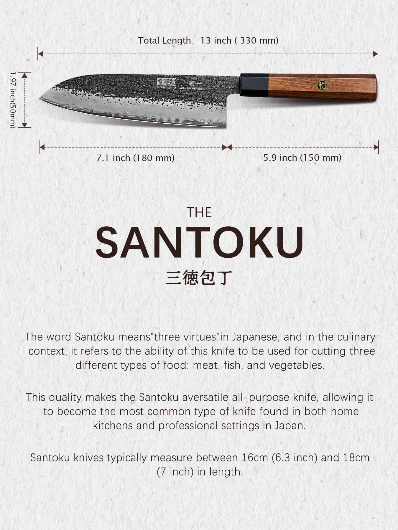 HOSHANHO Santoku Messer 18 cm, Japanisches Handgeschmiedetes Kochmesser, Ultrascharfes Küchenmesser aus Kohlenstoffstahl mit Achteckigem Rosenholzgriff