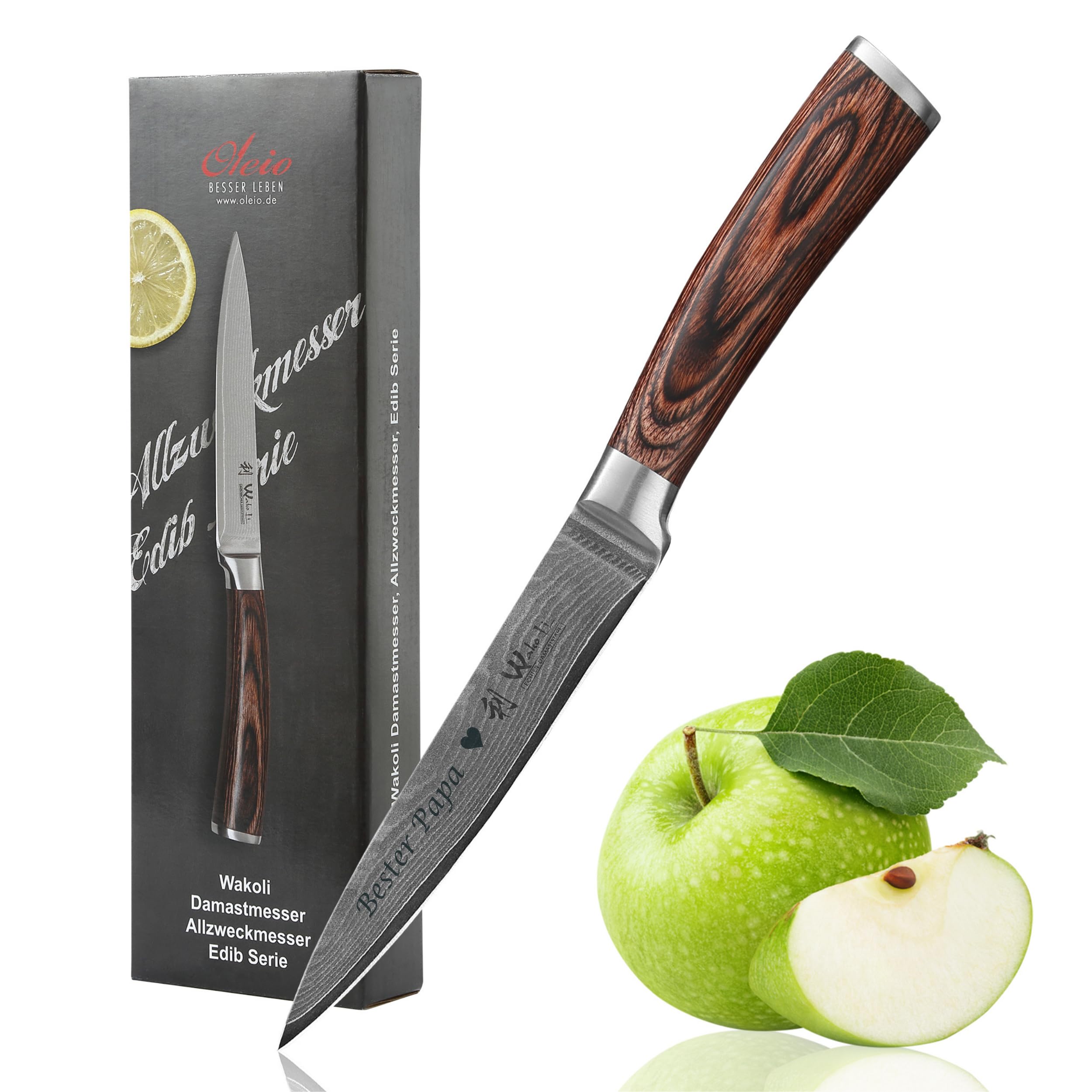 Wakoli EDIB Damast Allzweckmesser mit Gravur – Personalisiertes Messer, 12,5 cm Klinge aus 67 Lagen Damaststahl (VG10-Kern), Pakkaholzgriff – Einzigartiges Küchenmesser Geschenk, Geschenkverpackung
