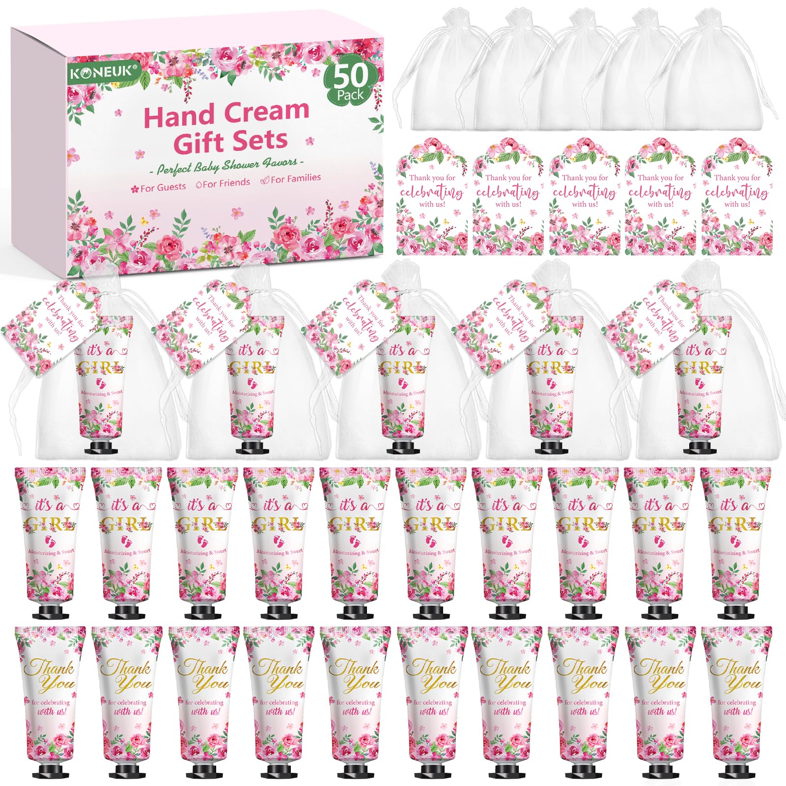 KONEUK 50 Pack Bulk Hand Cream Sets, Bridal Shower Favors, Appreciation Gifts and Baby Shower Favors for Guests with Thank You Card and Organza Gift