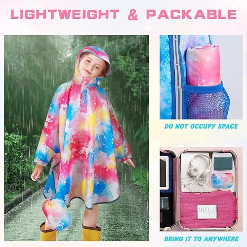 Vista 11 de WAWSAM Poncho de lluvia ligero para niños, impermeable, reutilizable Azul (Space Blue)