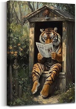 ZXHYWYM Animal Bathroom Wall Art Tiger Reading Newspaper Poster Outhouse Toilet Painting Forest Wildlife Canvas Prints Rustic Cabin Picture Restroom Decor Frame 30L x 45W cm