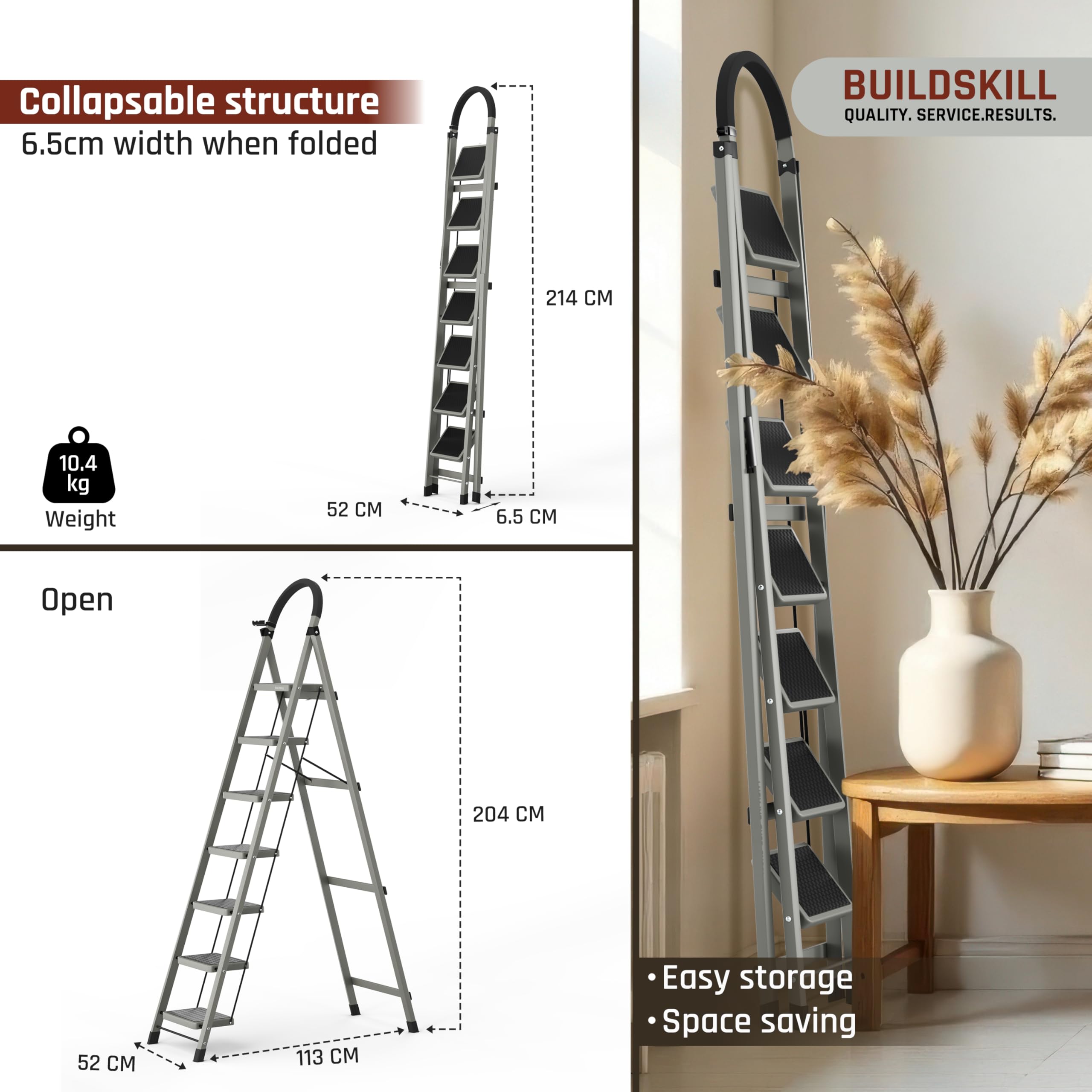 BUILDSKILL Ladder for Home 7 Steps Foldable with Built-in Tool Tray | Heavy Duty D Shape Rods | 20 x 30cm Large Platform | Wide Rubber Feet | Secure Lock | 150Kg Capacity - 5 Years Warranty — Amazon image 2