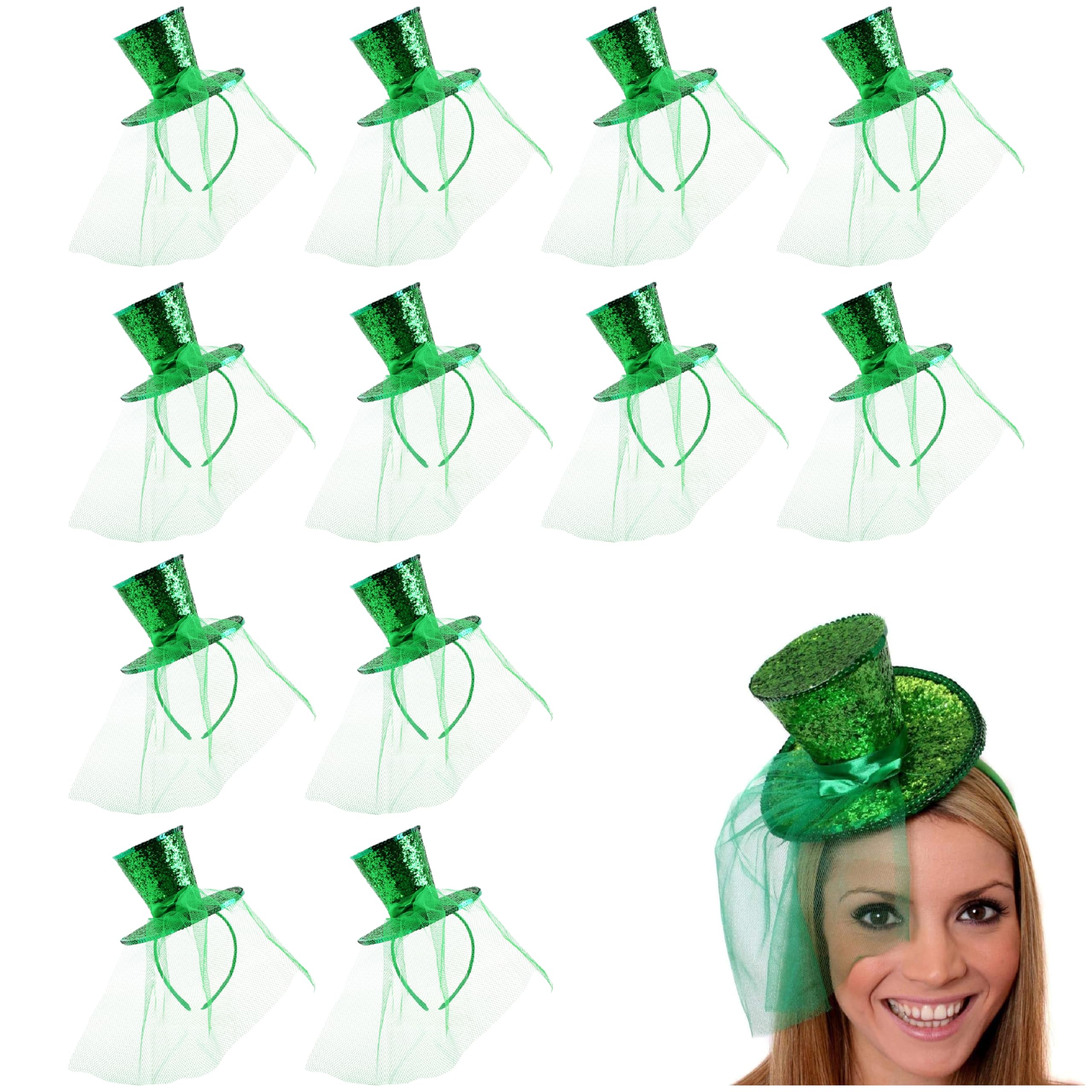 Ladies Glitter Top Hat - Pack of 1 - Mini Green Sequin Top Hat with Matching Fascinator Veil - Ladies Halloween Christmas Fancy Dress Costume Accessory