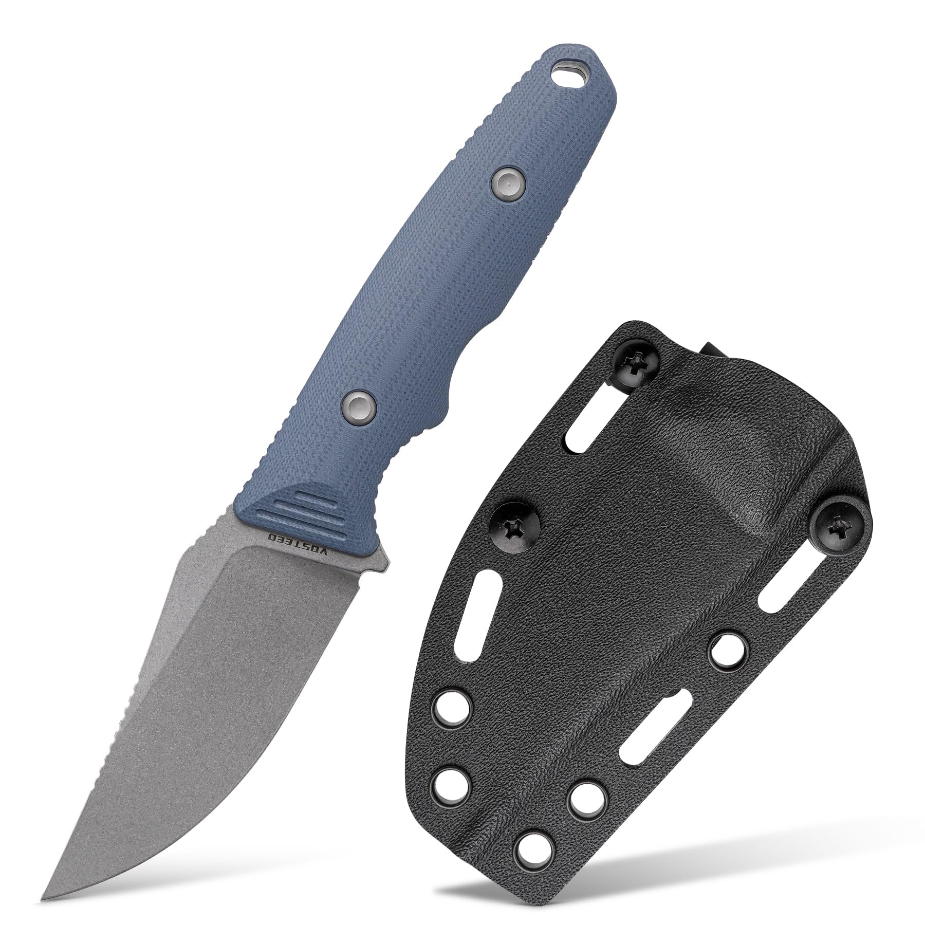 Vosteed H-Back Series EDC Fixed Blade Knife - 2.92" 14C28N Blade with Sheath, Blue G10 Handle with S.O.A.R. Clip for Hunting Camping Knives - D0403
