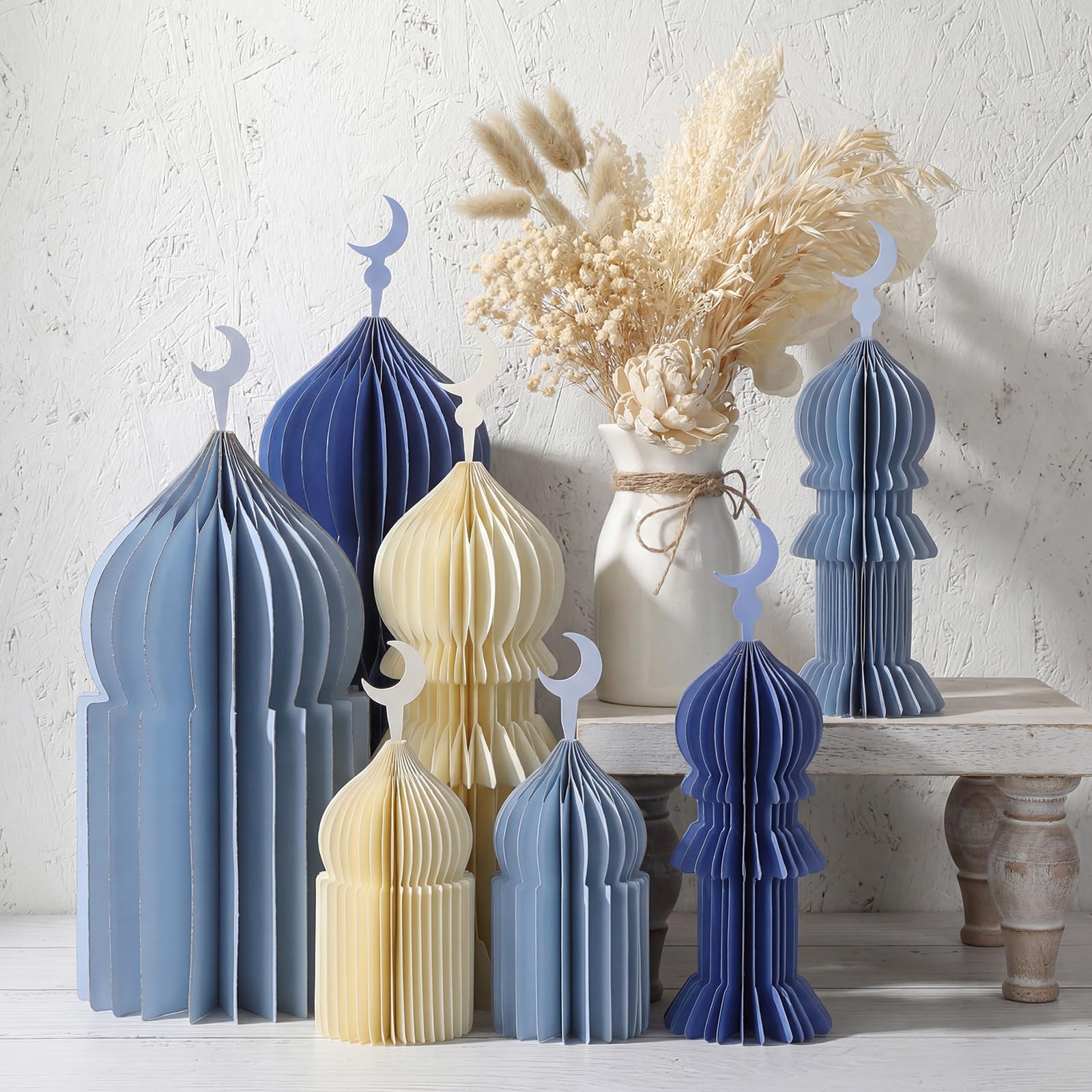 7 Pcs Ramadan Table Decor 3D Masjid Honeycomb Centerpiece Eid Mubarak Party Decoration Kareem Islamic Eid Al Fitr Decor Ramadan Mubarak Table Topper Party Supplies (Purple, Blue, Yellow)
