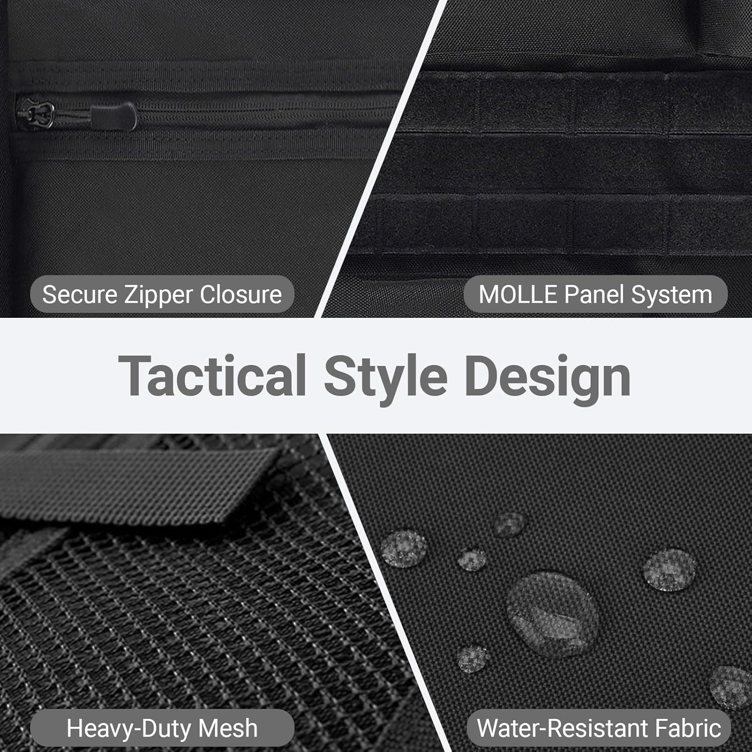 Tactical Car Seat Organizer with Multiple Pockets, MOLLE Panel System & Mesh Compartments, Durable Nylon ​Universal Vehicle Backseat Storage with Cup Holder, Water-Resistant (Black)​