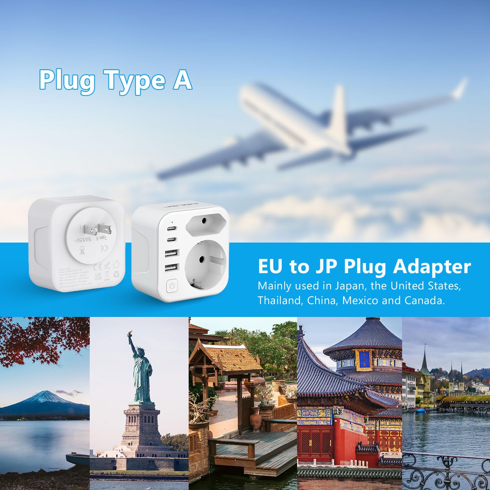 JSVER Adaptador de Viaje para Japón, Enchufe de Viaje Bidireccional con 4 Puertos USB (2 A y 2 C), Adaptador Compacto Tipo A para Conectar Desde España a Japón,EE. UU.,México,Canadá(Blanco) — view 2