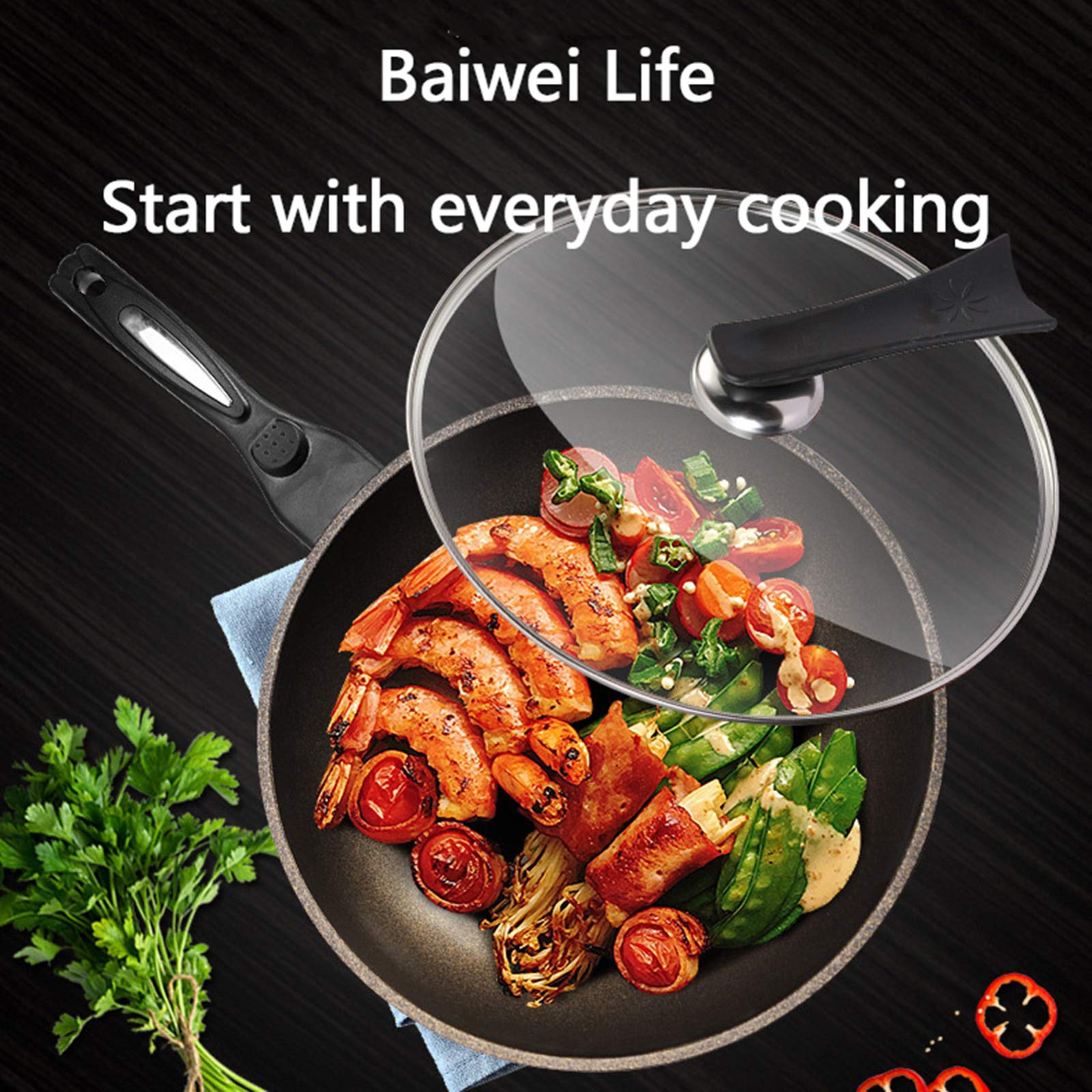 Patelnia do gotowania indukcyjnego 32 cm, aluminiowa powłoka nieprzywierająca, uchwyt antypoślizgowy zapobiegający oparzeniom, Wok i Wok, 2
