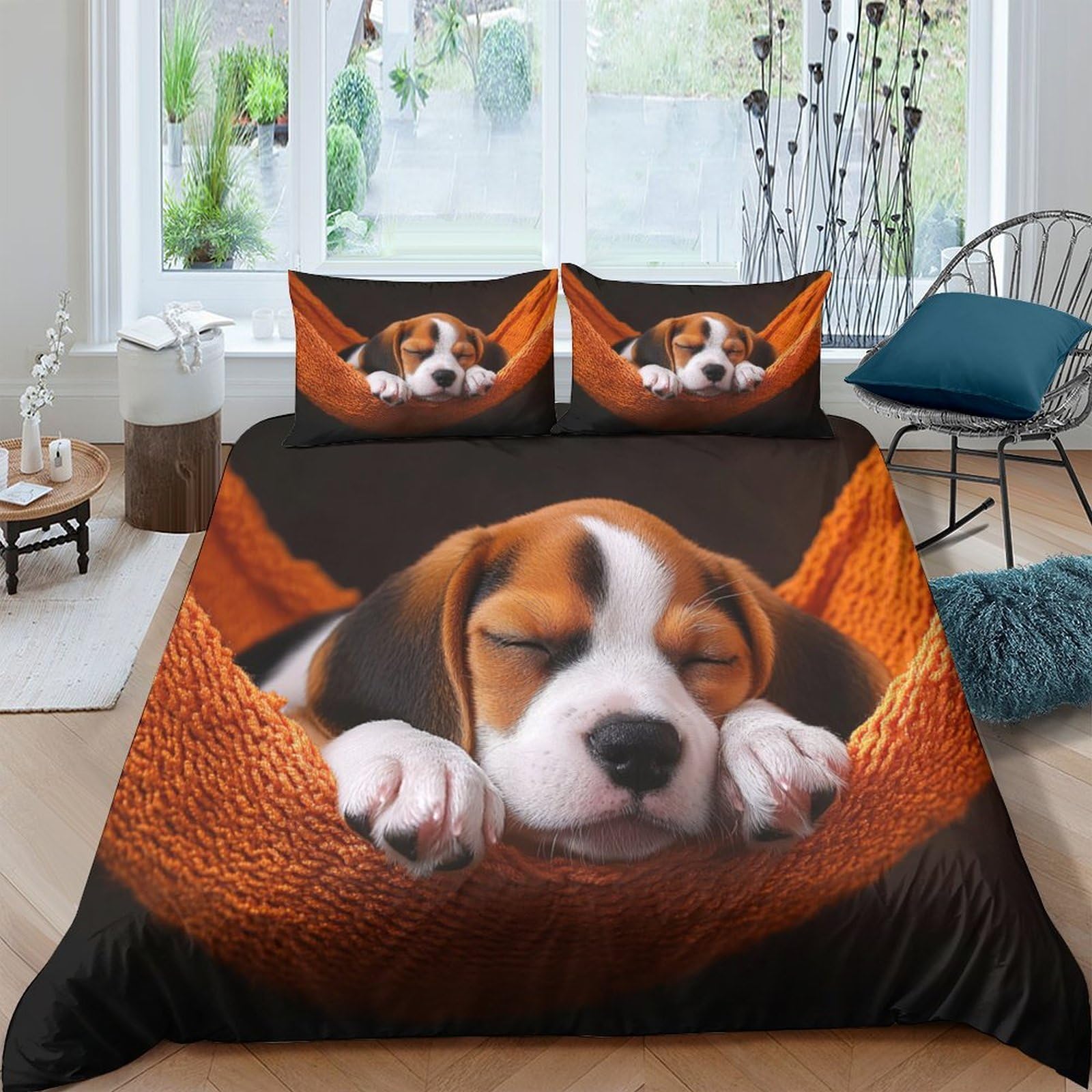 GPLZQXKJNH 3D Printed Sleeping Puppy Duvet Cover Microfiber Soft Breathable Dog Blanket Bedding Set with 2 Pillowcases for Bedroom Decor Single（135x200cm）