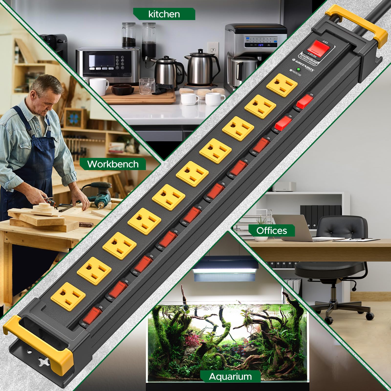 Regleta de alimentación resistente de 10 tomas con interruptores individuales, protector de sobretensiones de metal, enchufe plano, protección de sobrecarga 3300J 15A/1875W, gestión de cables de 6