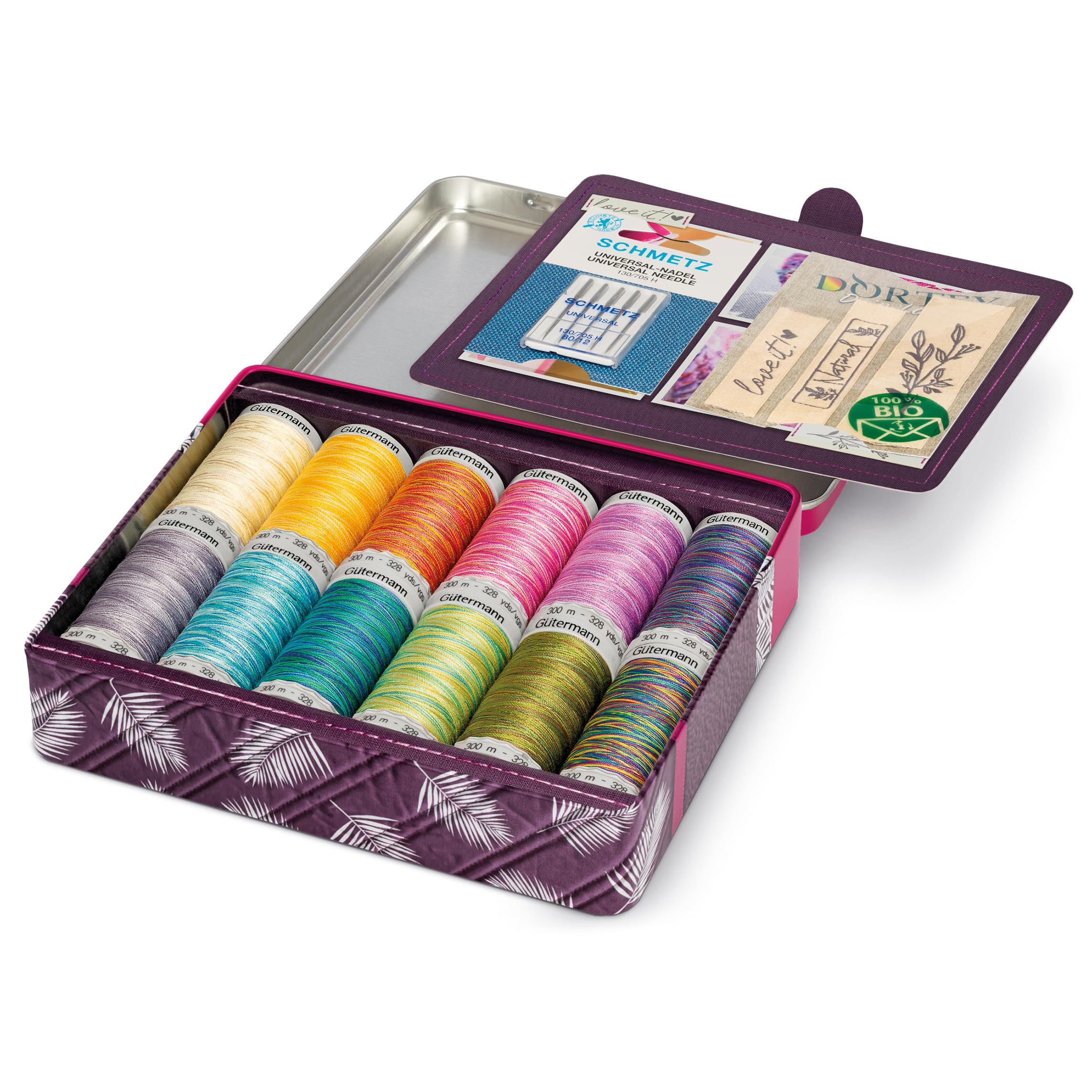 Gütermann Multicolour Creativ Cotton 30 Sewing Thread Box With Needles And Labels - Natural Sewing And Embroidery Threads, 12 X 300M - 1 Set