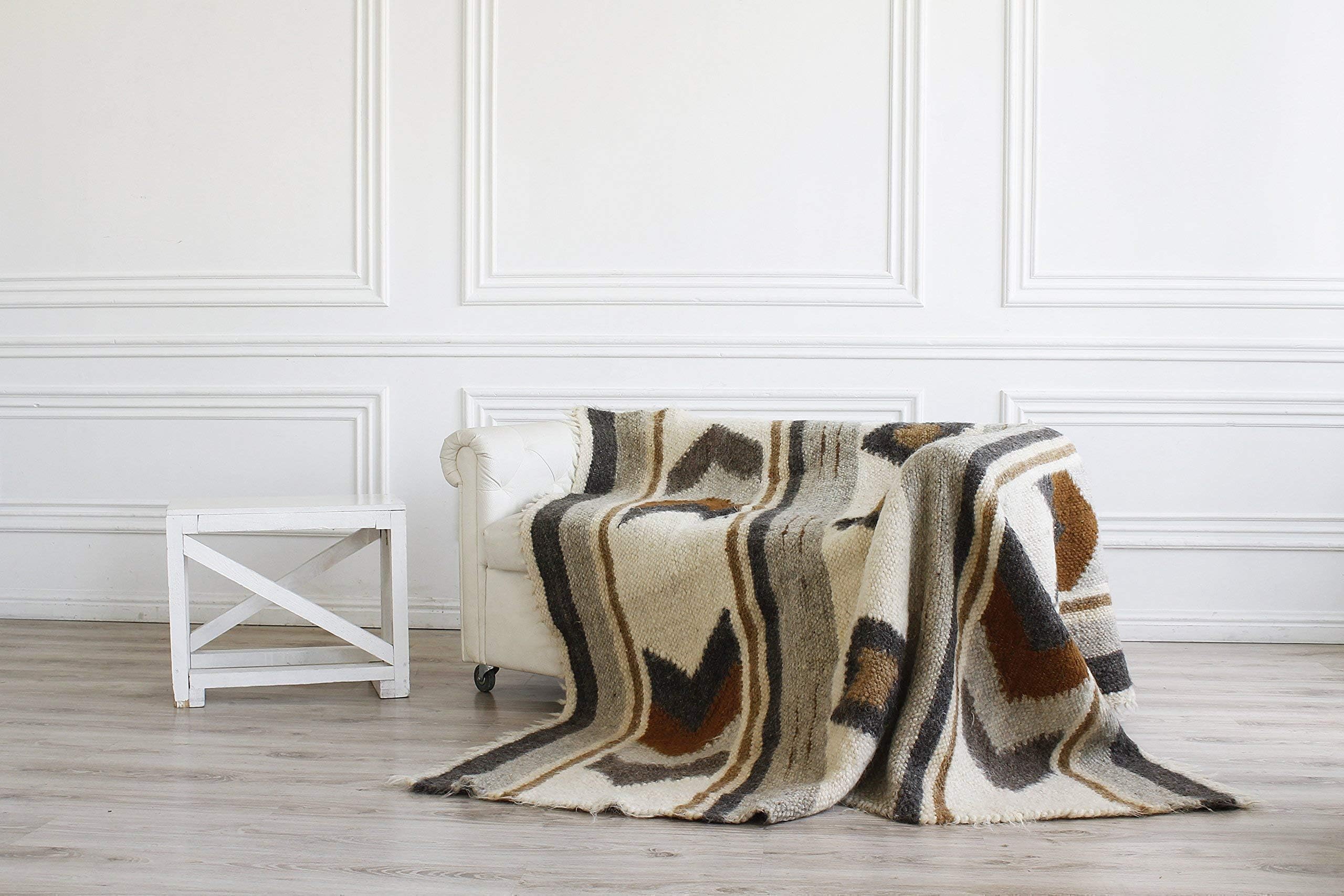 Gray white brown Wool Throw Blanket, Fuzzy plaid for living room, Boho sofa bedspread Thick weighted Cover Pattern Geometric Heavy Bed Coverlet, Handmade Kilim fluffy Hand Woven Aztec modern flokati