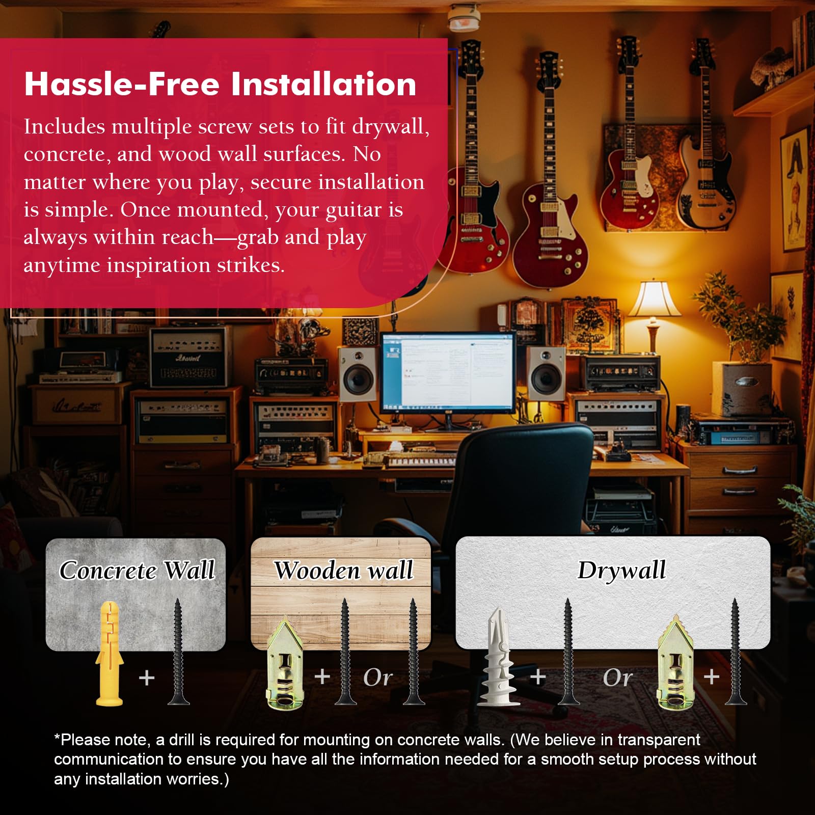 Guitar Wall Mount 2 Pack - U-Shape Guitar Wall Hangers, Guitar Stand Wall, Black Walnut Guitar Hanger, Pick Holder, Gifts for Guitarists, with 6 Assorted Guitar Picks