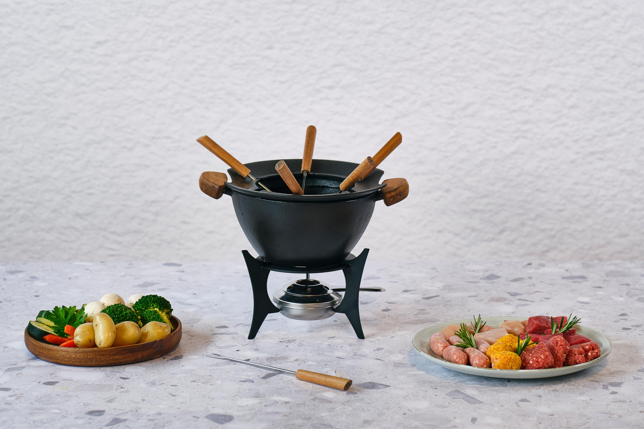 Cosy & Trendy Service à fondue en Fonte + 6 Fourchettes, noir, D23 cm
