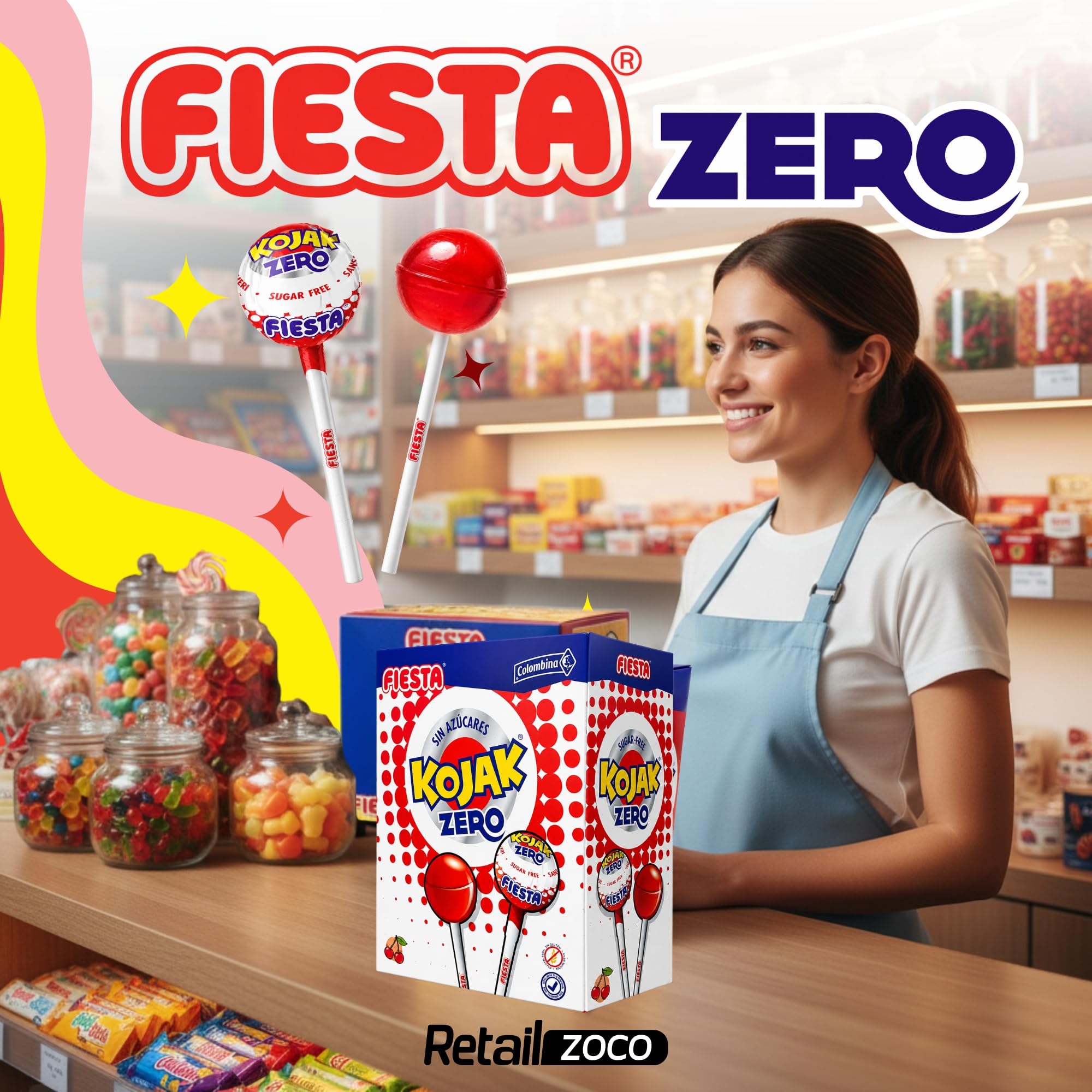 Caramelo con Palo sabor cereza SIN Azucar, Caramelo NO relleno de Chicle Kojak, Apto para veganos, sin gluten, sin huevo y sin lactosa es completamente apto para celíacos, 1 caja de 70 unidades