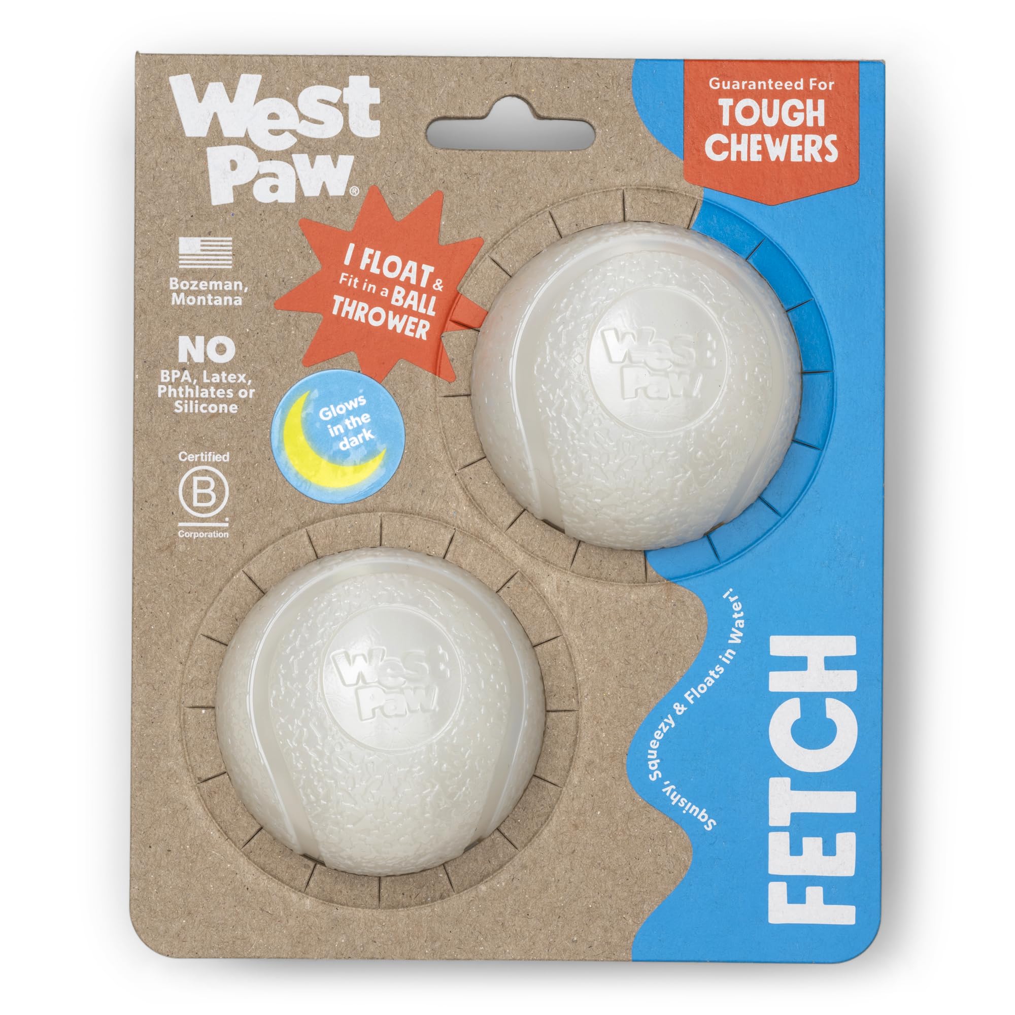 WEST PAW Boundr Ball Dog Fetch Toy – Bouncing Toys for Dogs, Fetch, Catch, Chewing, Play – Floatable, Recyclable Balls – Small Glow 2-Pack