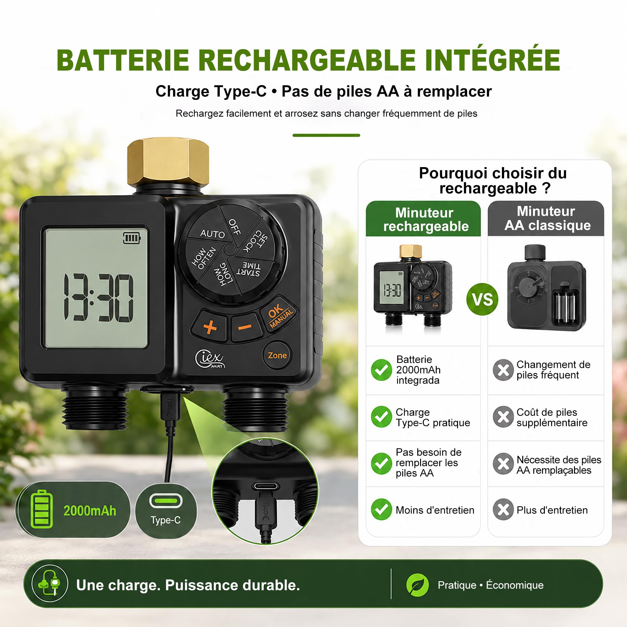 GIEX Ordinateur d'arrosage 2 voies, minuterie d'arrosage rechargeable 2 zones avec connecteur en laiton, minuterie d'eau programmable avec IP66, retard de pluie et irrigation manuelle pour jardin