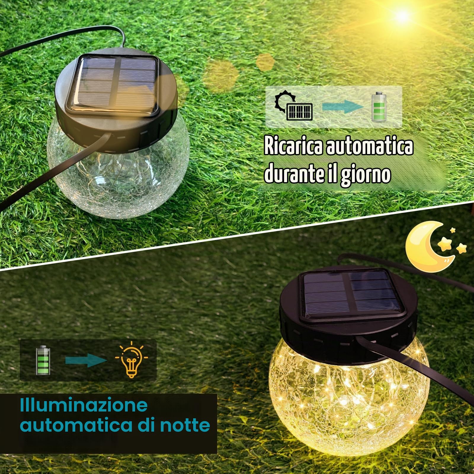 Kolpop Lanterne solari per esterni, impermeabili, confezione da 6, lanterne solari da appendere con 30 LED, sfere in vetro craquelato, per decorazione di giardino, recinzione, patio, cortile, albero