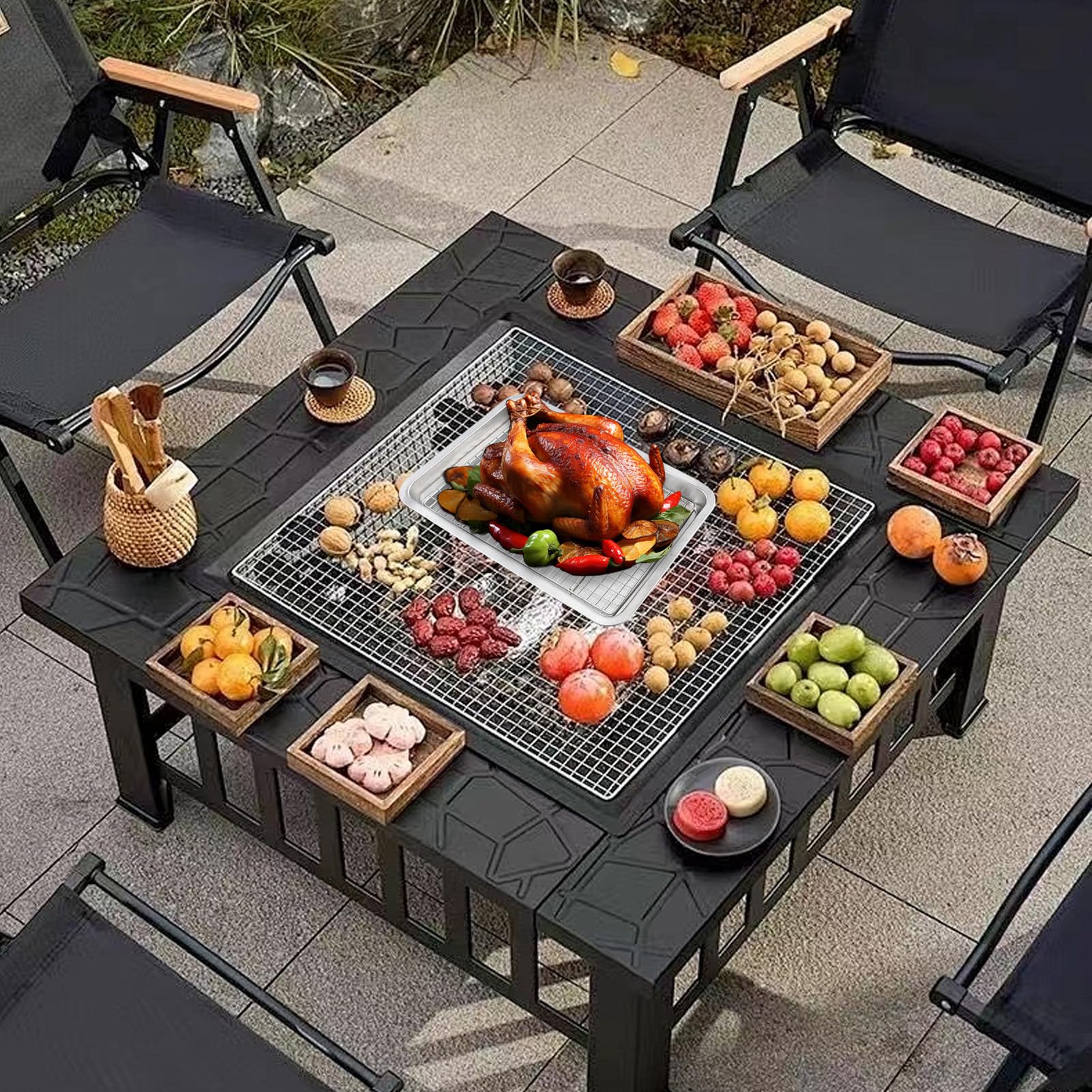 Stainless Steel Grill Basket- 1350g Portable Steel Grilling Basket For Bbq | Grill Basket Set | Convenient Secure Grip Shallow Mouth Flat Bottom Rectangular Stainles Plate For Fish Meat Shrimp Pepper