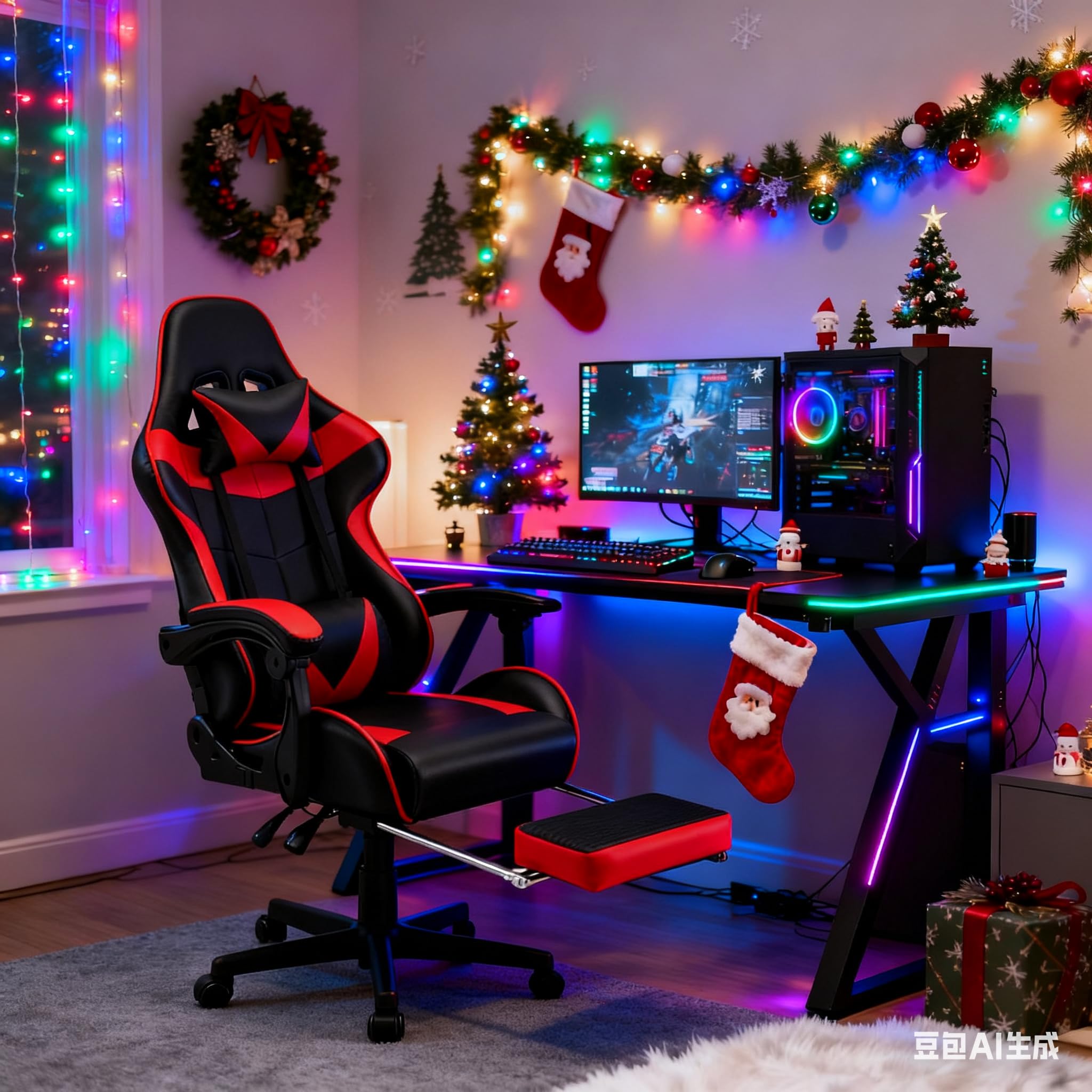 Soontrans Silla Gaming con Masajeador, Silla Gamer con Reposapiés Reposacabeza, Ergonómica, Cojín Lumbar de Masaje, Sillas Gaming para Gaming Livesteam Youtube PlayStation (Rojo)