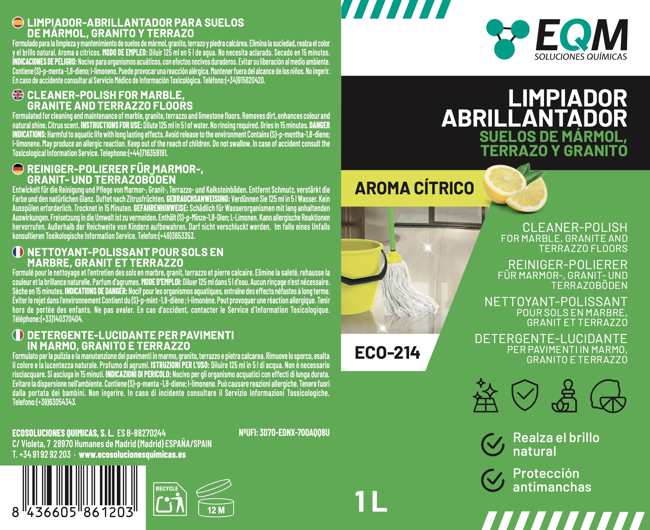 EQM - ECO-214 - Detergente Lucidante per Marmo, Granito e Pietra Naturale - 1L - Esalta il Colore Naturale e la Lucentezza