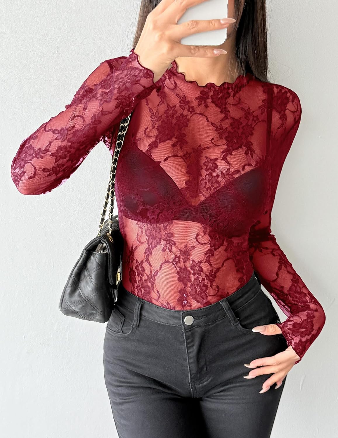 Zeagoo Womens Mesh Long Sleeve Tops Mock Neck Going Out See Through Shirts Sexy Sheer Blouses Clubwear S-XXL - Image 3