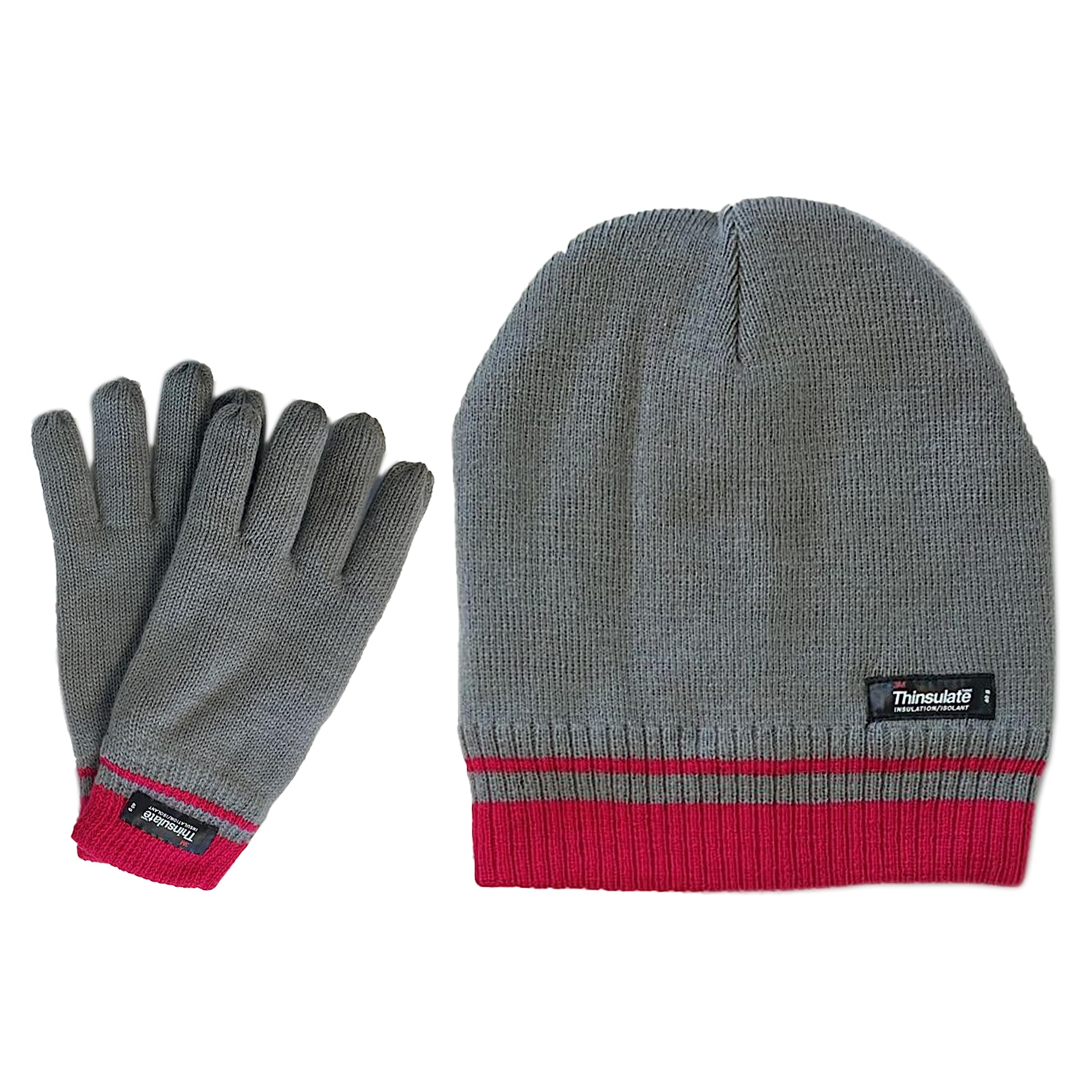 Heatwave Thermalwear Women's Grey/Pink Heatwave Hats For & Gloves Set Stripe Design With 3M Thinsulate Insulation Thermal Beanie Hat Fleece Knitted Warm Classic Super Soft For Outdoor Winter,