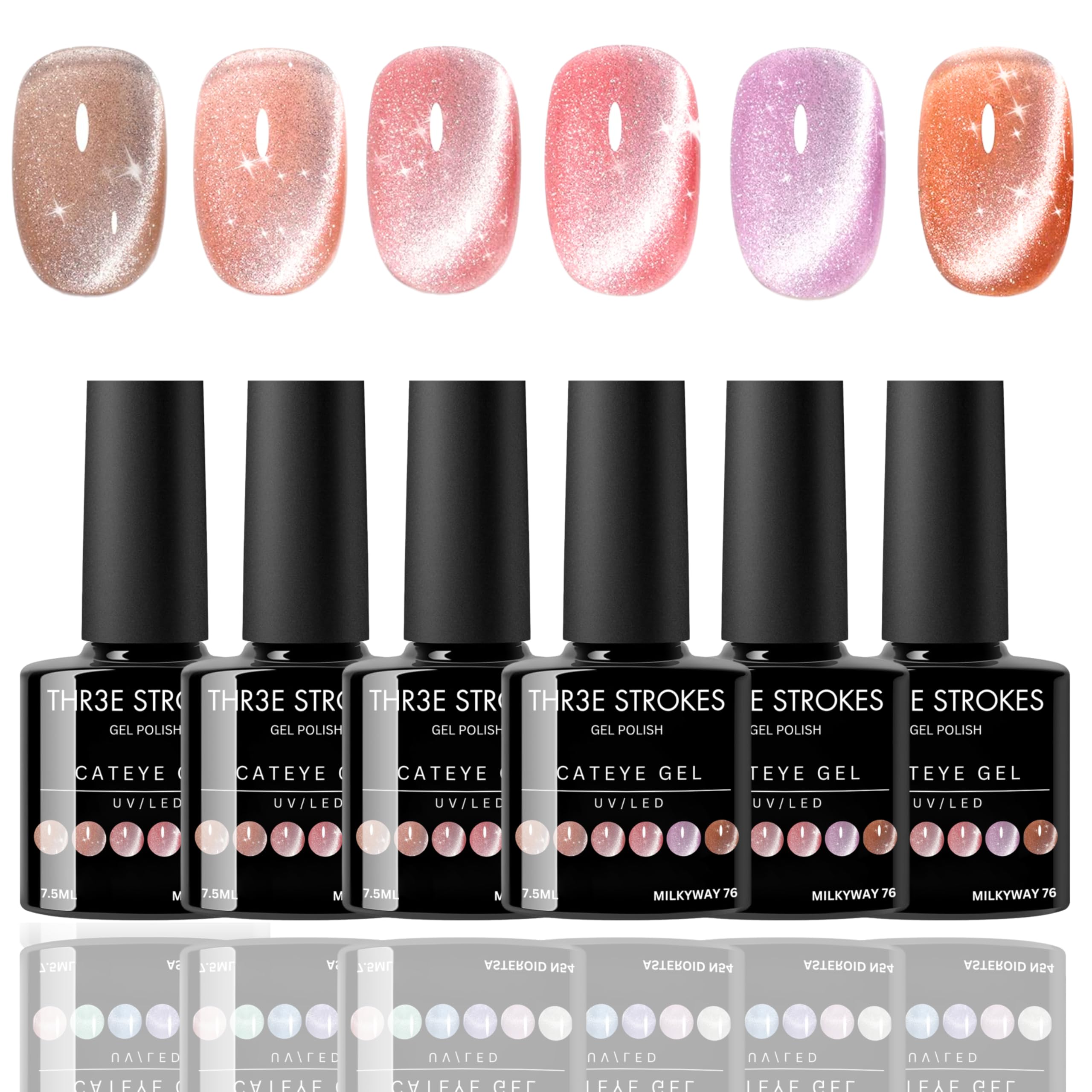 THR3E STROKES Gel Nail Polish Pink Ocean Cat Eye Gel Nail Polish Set with Magnet for Holographic Cat Eye, Salon Gel Manicure and Nail Art DIY at Home (UV/LED LIGHT REQUIRED) (MILKYWAY 76, 15ML)-image-3