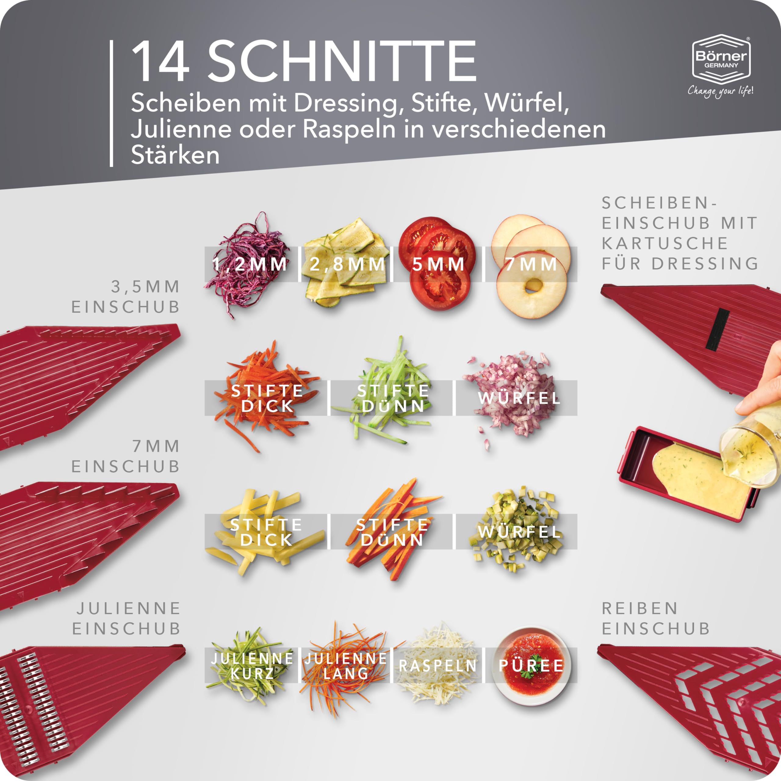 Börner Gemüsehobel Vital (Profi Set) • 12 Schnittarten • Gemüseschneider Edelstahl • Mandoline mit Dressing-Funktion • V-Hobel für Scheiben, Julienne Streifen, Würfel & Gemüsespaghetti