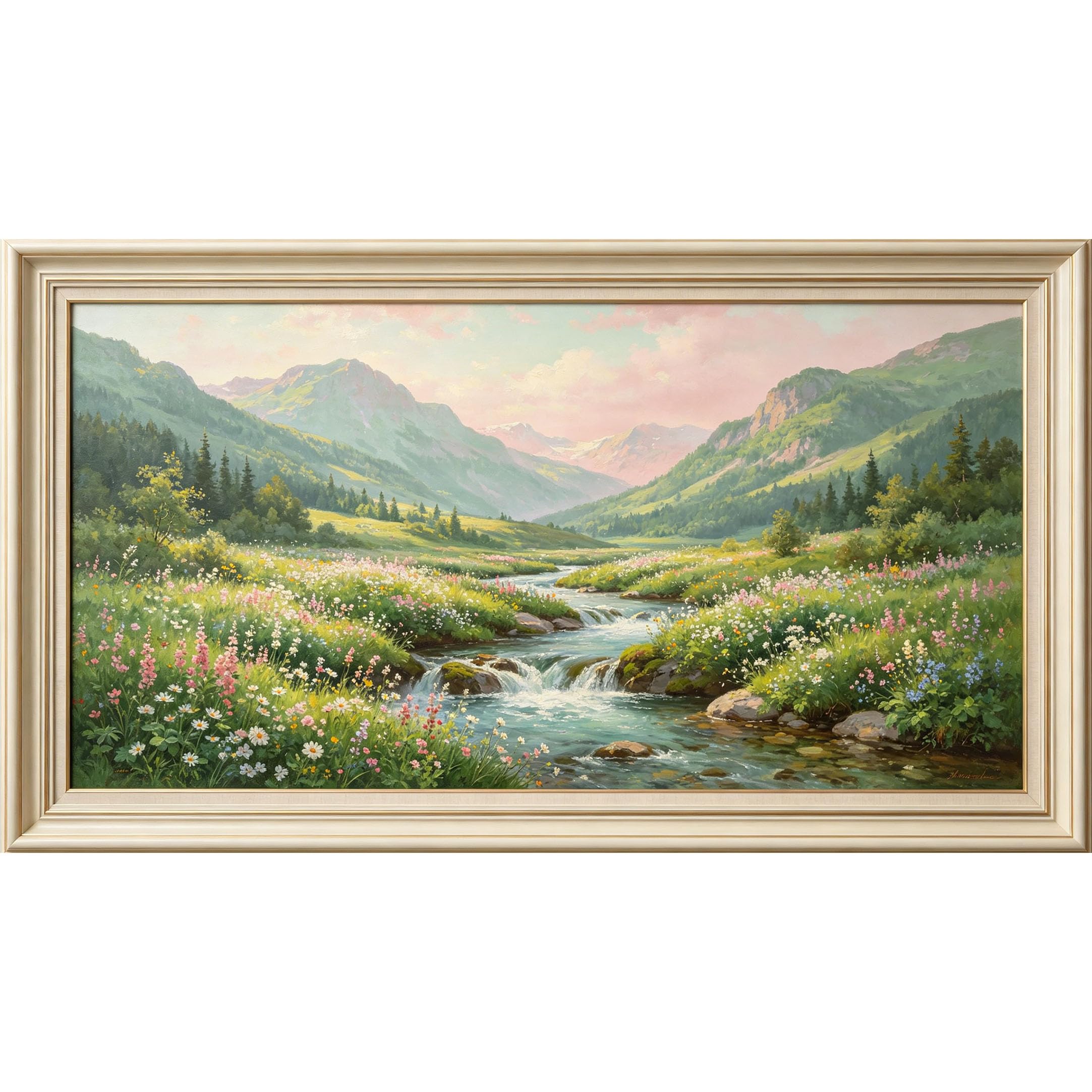 QZLITHOTIC 50x90cm3D Framed Wall Art， Mountain Landscape Wildflower Valley Stream Self‑Adhesive Mural， Water‑Activated Peel & Stick Fabric Decor Wall Decal for Bedroom Living Room