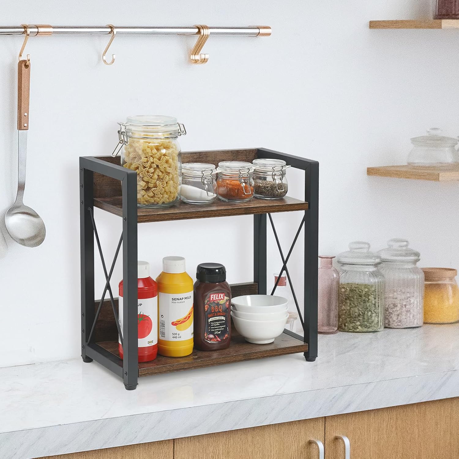 Giikin Vintage Desktop Storage Organizer Shelves, Wood Desk Organizer Stand Countertop Bookshelf for Office Supplies, Freestanding Display Rack for Desktop, Tabletop or Counter (Antique Brown) : Office Products