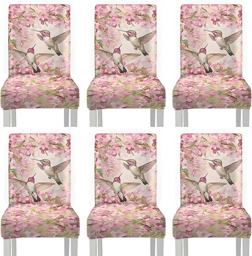 Rnyleeg Juego de 6 fundas para sillas de comedor con diseño floral de colibrí, para sala de estar, sin brazos, elástica, para el hogar, boda, fundas