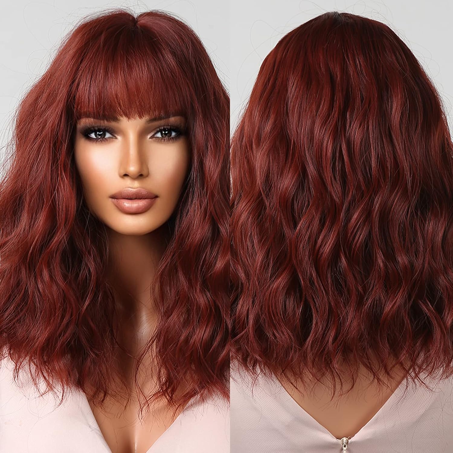 Allbell Burgundy Wigs for Women Short Wavy Bob Wig with