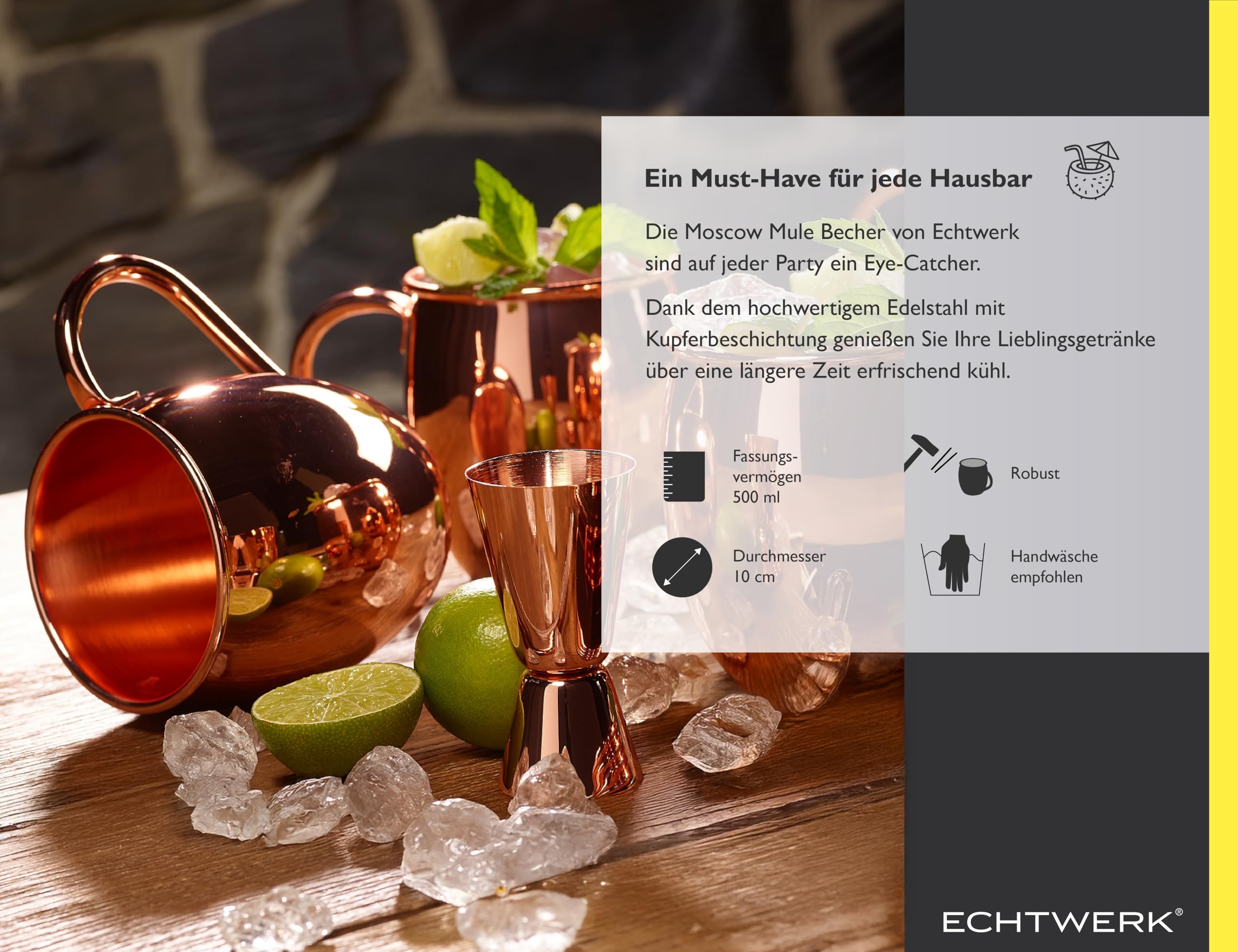 ECHTWERK Moscow Mule set di 5 tazze di rame in acciaio inossidabile, Bicchieri da cocktail, 4x tazze in rame 500 ml, 1x jigger 2 cl/4 cl, argento