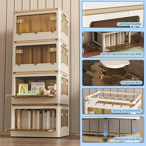 Miniatura 3 de Contenedores de almacenamiento apilables con tapas, caja plegable de plástico plegable con ruedas de cinco maneras de abrir organizadores de armario