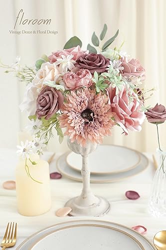 Miniatura 2 de Floroom - Flores artificiales de aspecto real en color rosa polvoriento y malva, rosas falsas, peonías y vegetación en conjunto para ramos de boda,