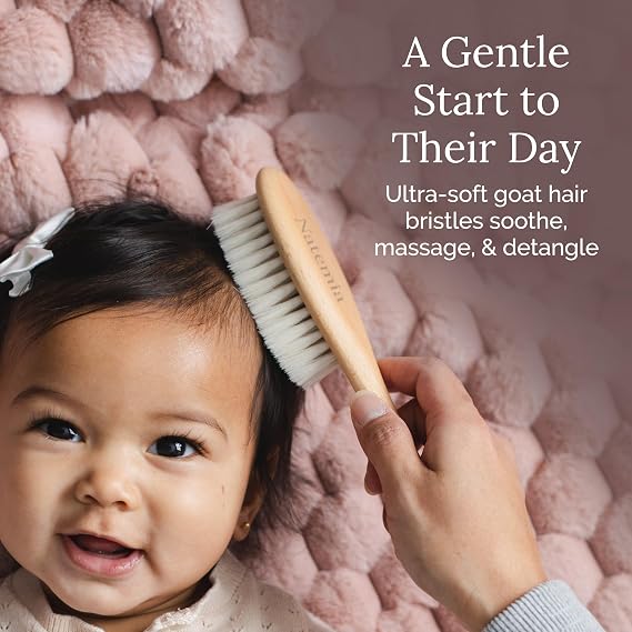 Natemia Wooden Baby Hair Brush - Natural Goat Hair Bristles - Gentle Soft Bristles for Scalp Massage - Cradle Cap Comb for Flake Removal - For Baby Grooming Kit & Toddler Hair Brush