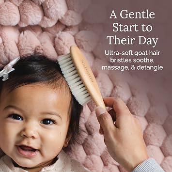 Natemia Wooden Baby Hair Brush - Natural Goat Hair Bristles - Gentle Soft Bristles for Scalp Massage - Cradle Cap Comb for Flake Removal - For Baby Grooming Kit & Toddler Hair Brush
