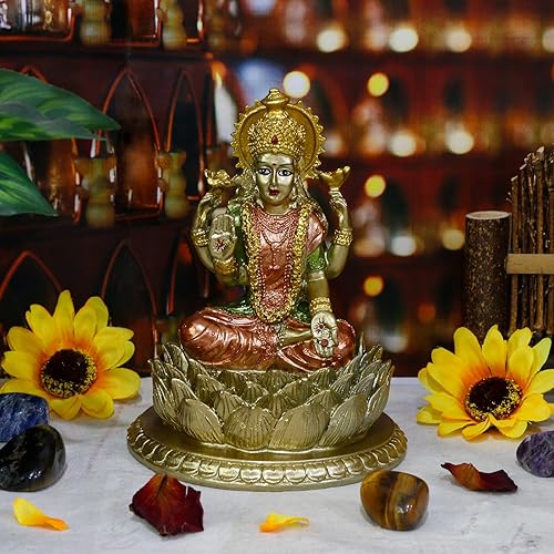Miniatura 3 de alikiki Lakshmi On Lotus - Estatua de Dios laxmi indio de 6.5 pulgadas de alto, artículo de Murti hindú para el hogar, templo Mandir Pooja