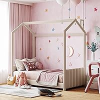 Vista 9 de Cama de terciopelo tamaño matrimonial para niños y niñas, diseño de casa de juegos, plataforma tapizada, base de cama con cabecera de tiras, soporte