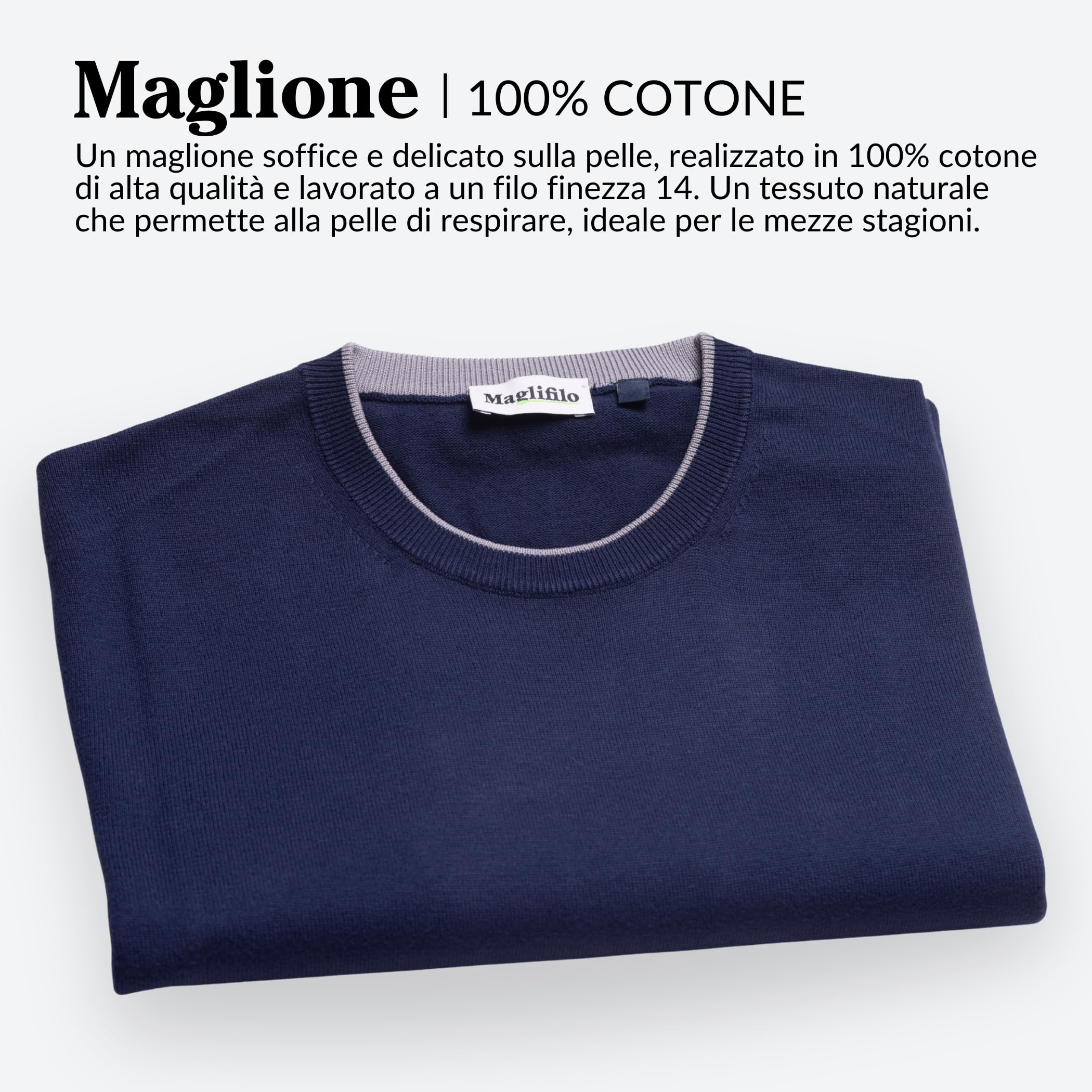 Maglione Cotone Uomo Manica Lunga – Girocollo Classico | 100% Cotone con Profilo, Morbido e Traspirante, Stile Versatile ed Elegante – Made in Italy – Idea Regalo con Scatola Inclusa