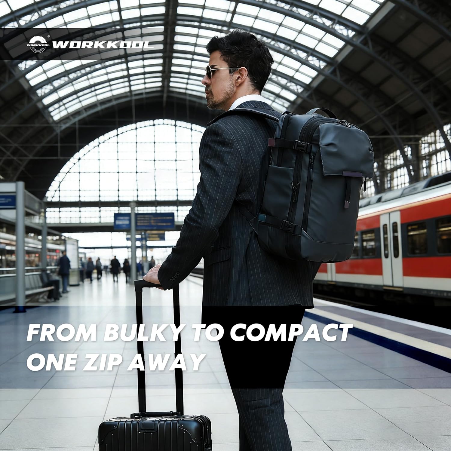 WORKKOOL Air Compression Vacuum Travel Backpack, 60L Expandable Vacuum Seal Backpack with Resistant TSA Lock(Black,Automatic & Manual Vacuum Pump Included)
