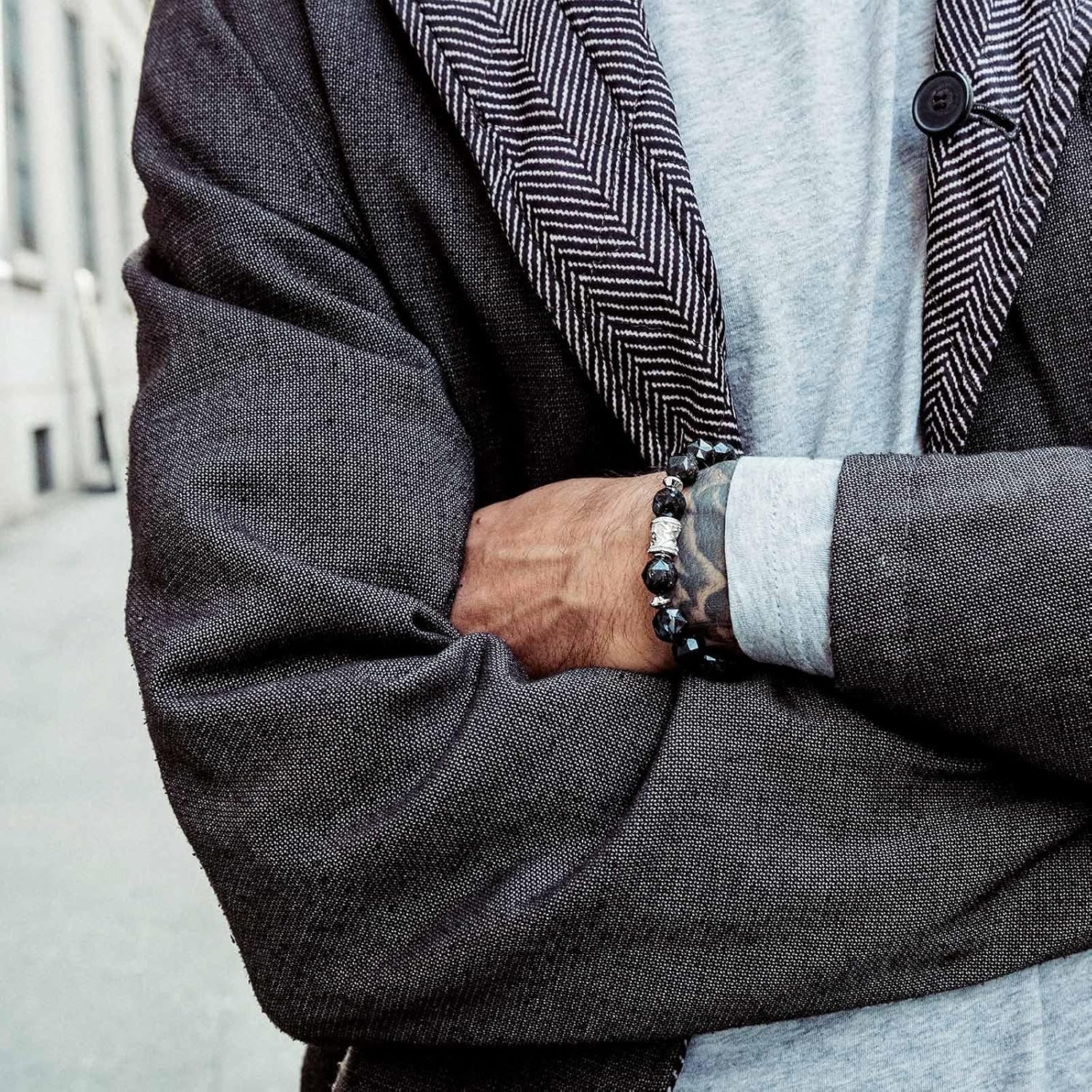 AWNL Men's Nuummite Beaded Bracelet with Sterling Silver Centre Charm 10mm Precision-Cut Gemstones Braided Bracelet Gift for Men, 5.9"-7.5" - Image 3