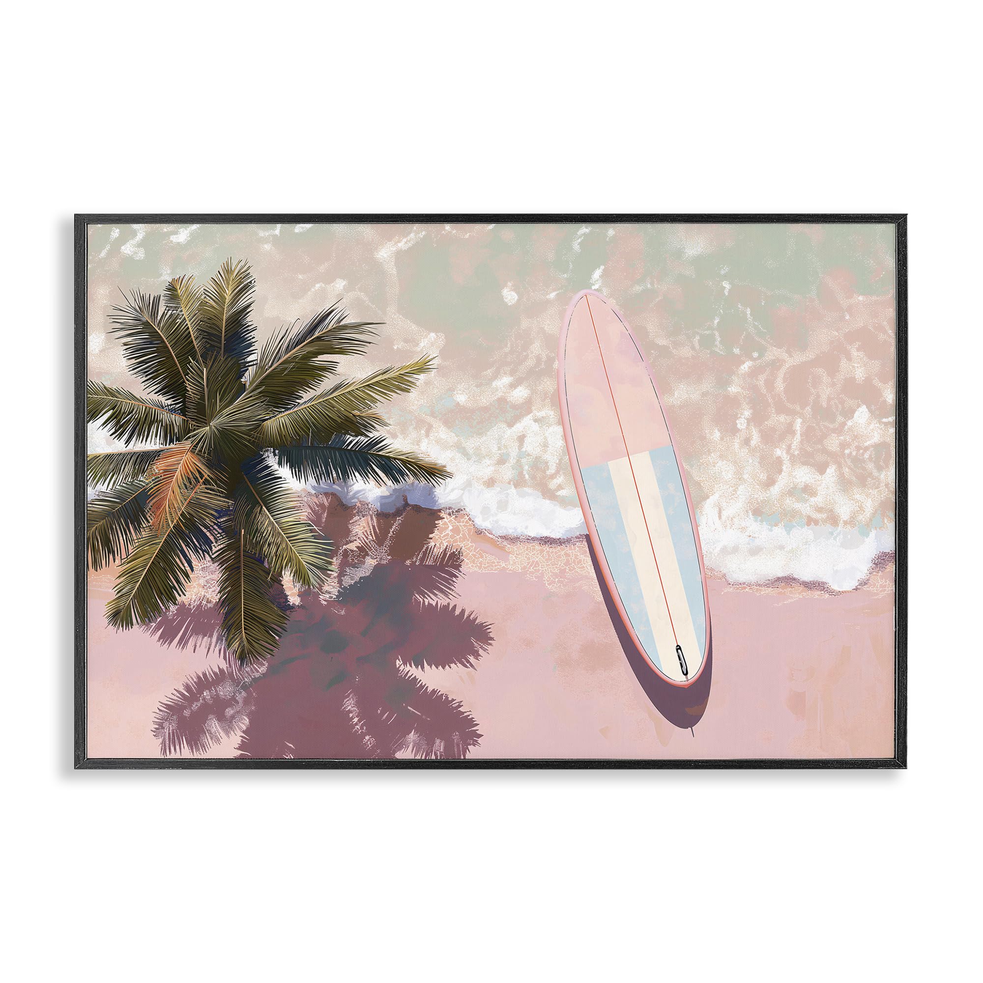 Stupell Industries Midnight Black (Textured) 'Blush Pink Surfboard & Palm', Framed Giclee Art, Black, 30 X 20 Inches, Easy To Hang And Sturdy, Made In Usa, By Jacky Ngan