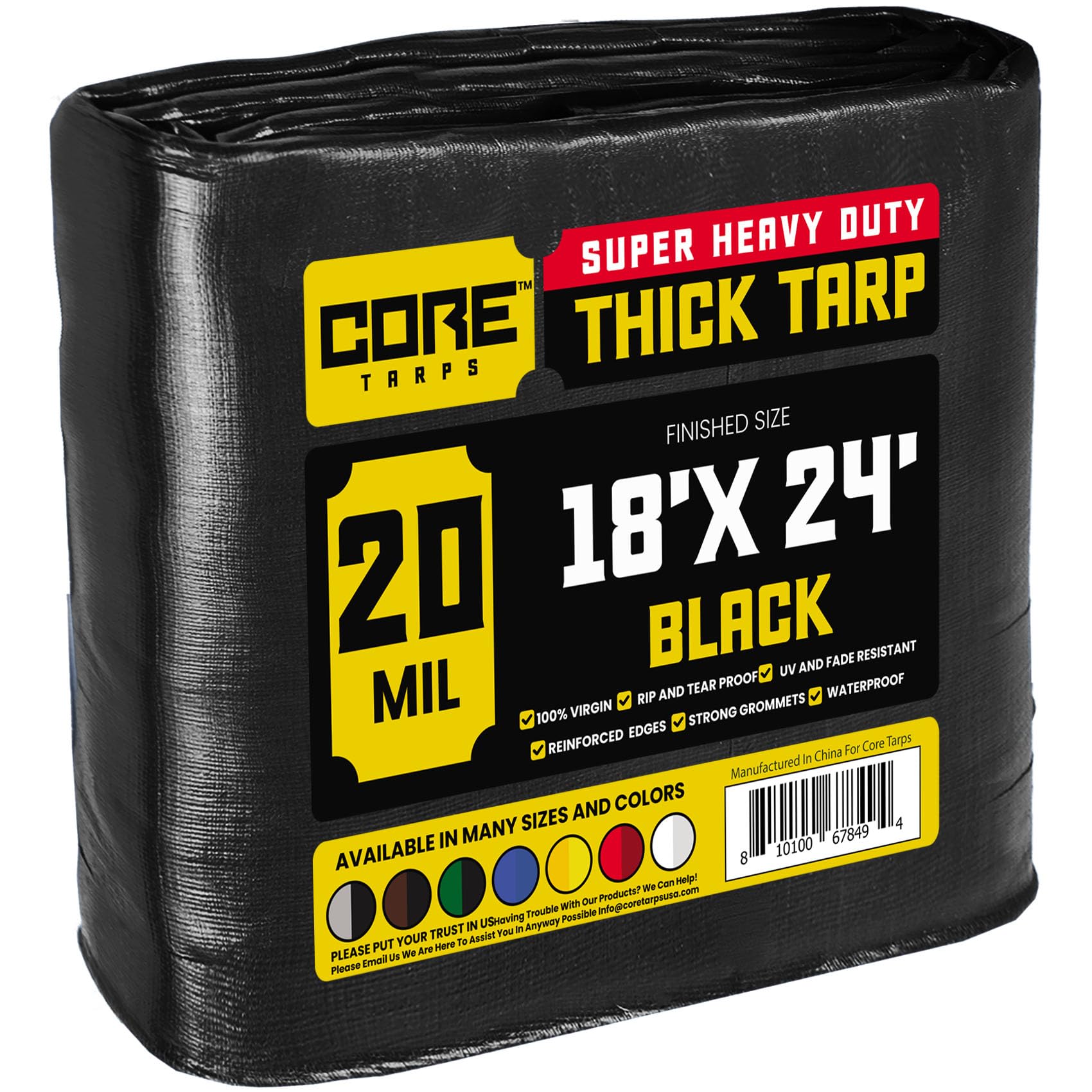 Core Tarps Extreme Heavy Duty 20 Mil Tarp Cover, Waterproof, UV Resistant, Rip and Tear Proof, Poly Tarpaulin with Reinforced Edges for Roof, Patio, Pool, Boat (Black 18′ X 24′)